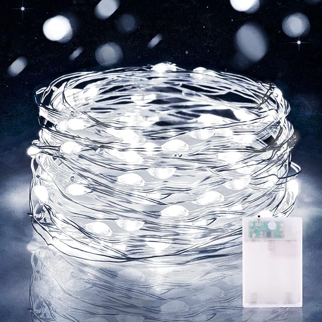 Vacoulery LED String Lights Battery Operated 50 LEDs Copper Wire Fairy Lights for Indoor Outdoor Decoration (1 Pack, Cool White)