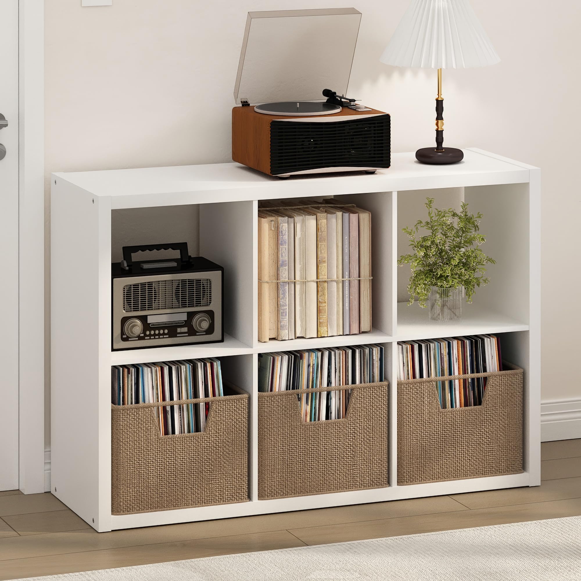 Furinno Cubicle Record Player Stand, 6-Cube Vinyl Record Storage, White