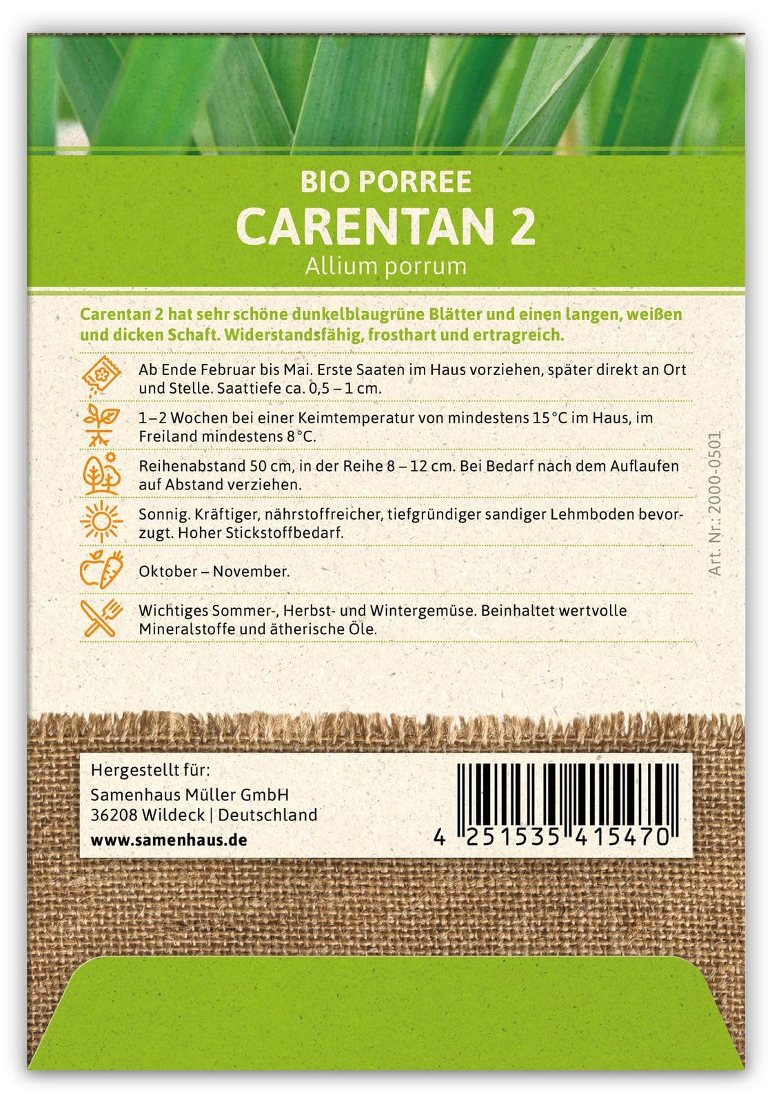 FLORTUS 2000-0501-100x Lauch-Porree Carentan 2 (100 Stück) (BIO Lauchsamen)