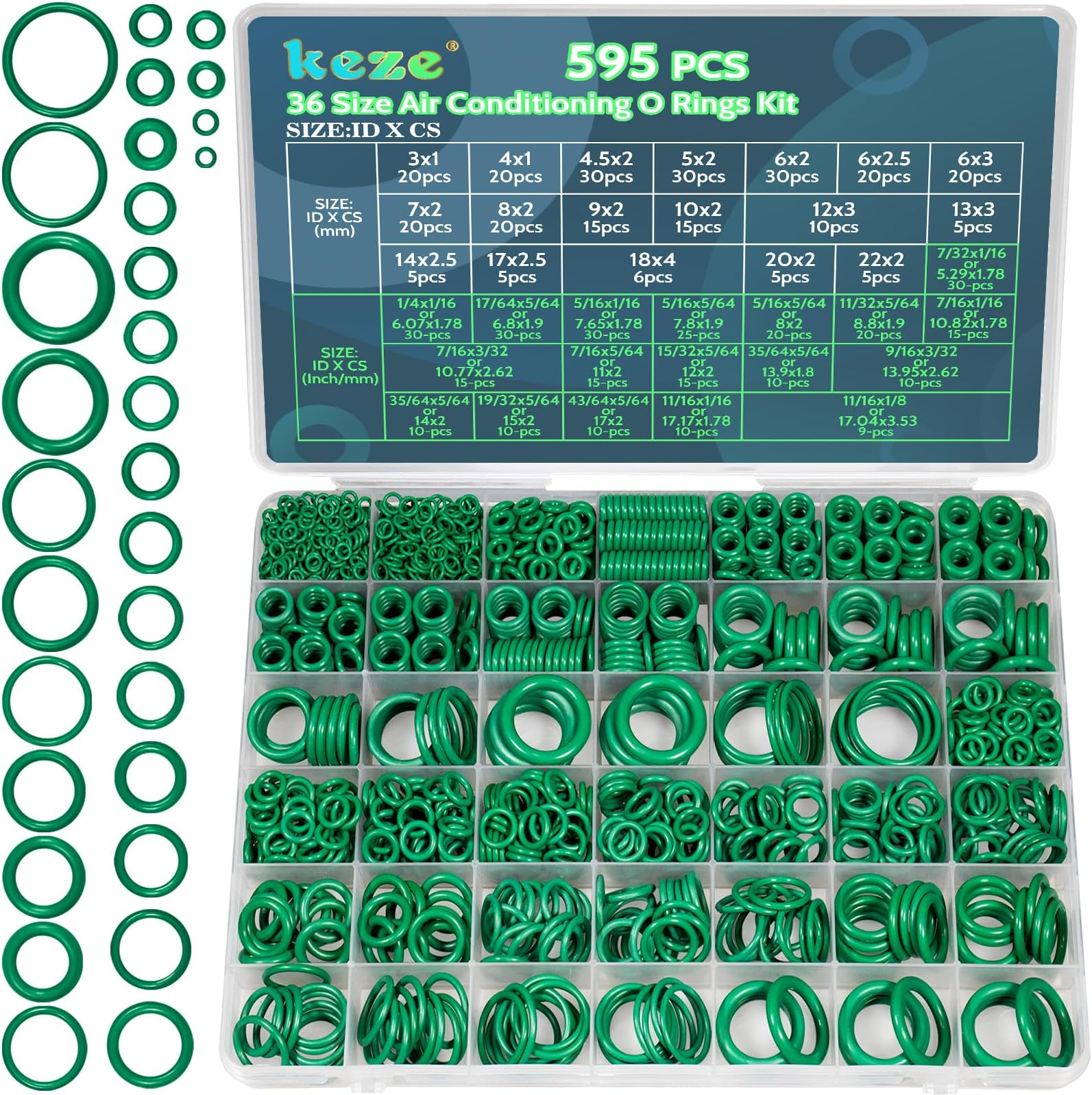 KEZE 595 Pcs Air Conditioning O Ring Kit,36 Size Seal Rubber O-Rings Assortment Set for Compressor Automotive A/C Plumbing Repair ID:3-22mm