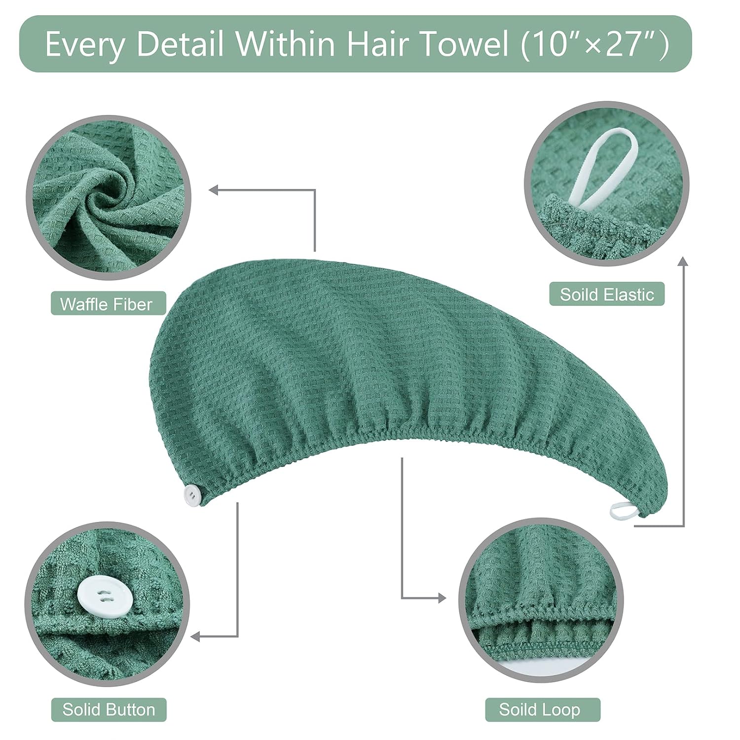 Dolwis Microfiber Hair Drying Towel - 2Packs Waffle Long Hair Head Turban Wraps Terry Cloth Fast Absorbent Dry Anti Frizz Twist Plopping Curly Shower Turban for Women Wet Hair (Green)