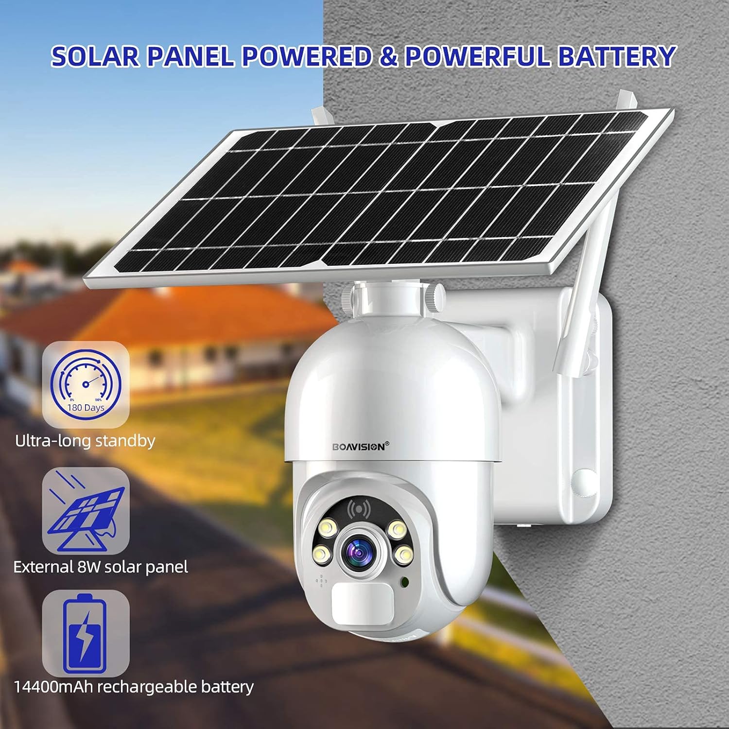 BOAVISION S20-WIFI camera with solar panel, highlighting battery and solar power features