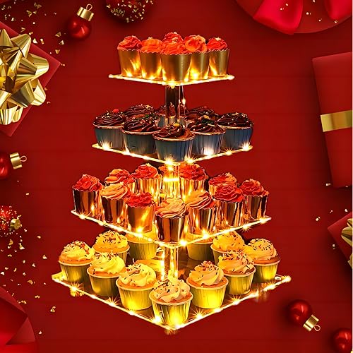 Soporte para cupcakes de 4 niveles, soporte acrílico avanzado para cupcakes con luz LED (luz amarilla), soporte para cupcakes para fiestas, bodas,