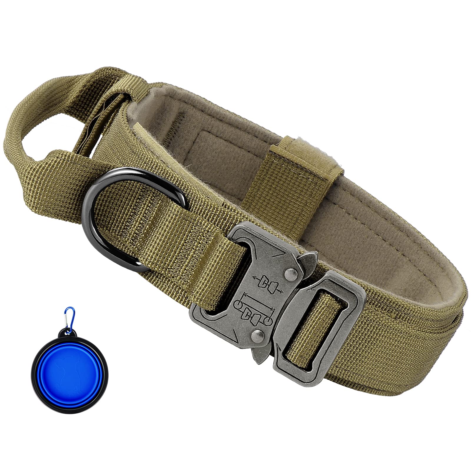 Faankiton Collar Táctico para Perros con Asa de Mando, Collar Militar para Perros Ajustable con Hebilla de Metal, Collar de Perro de Nylon con Cuenco Plegable (L, Marrón)