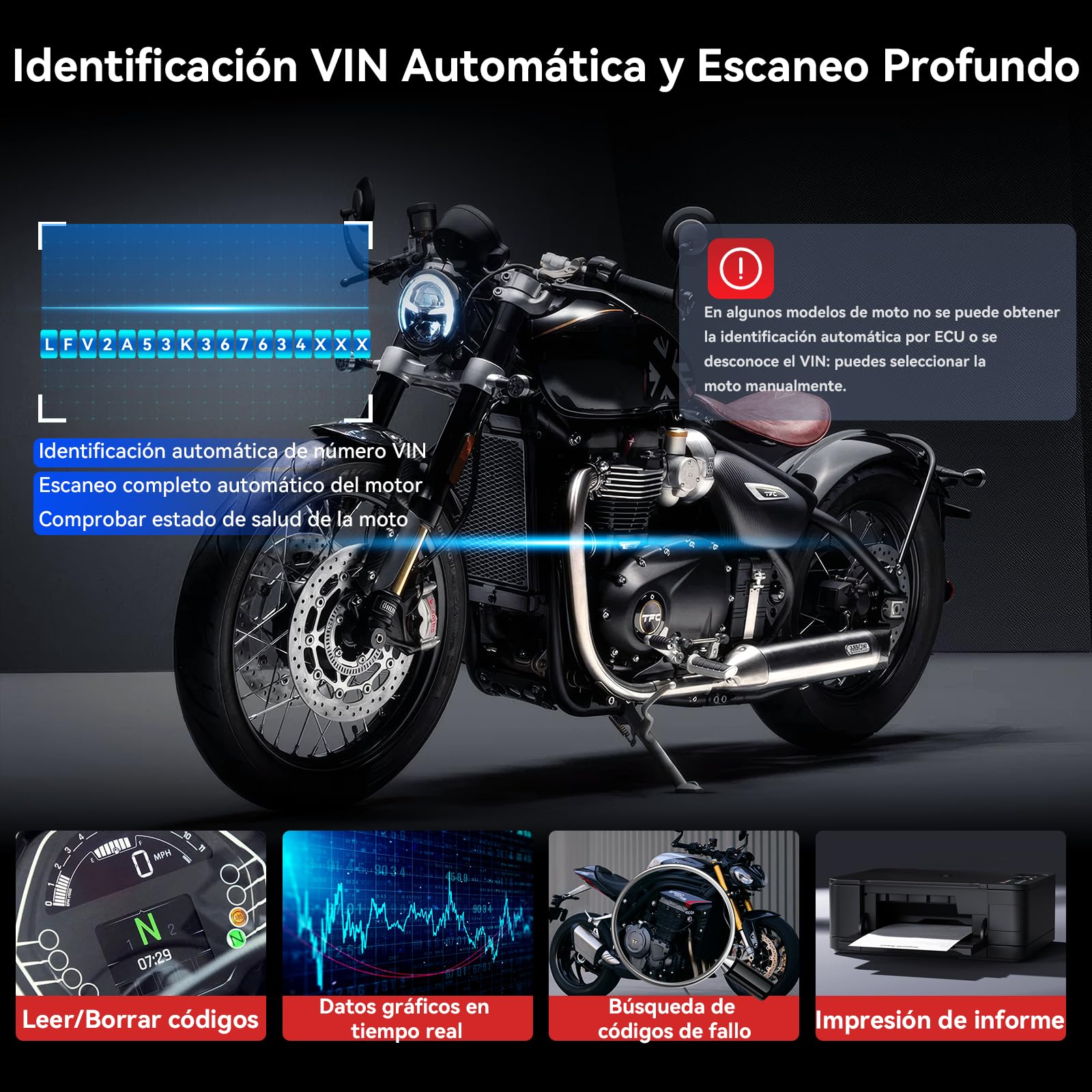 iCarsoft MT V6 para Triumph Moto, Herramienta de Diagnosis de Sistema Completo hasta 53 Servicios hasta 55 Pruebas Activas Lector de códigos de Motor Prueba de batería y actualización de por Vida