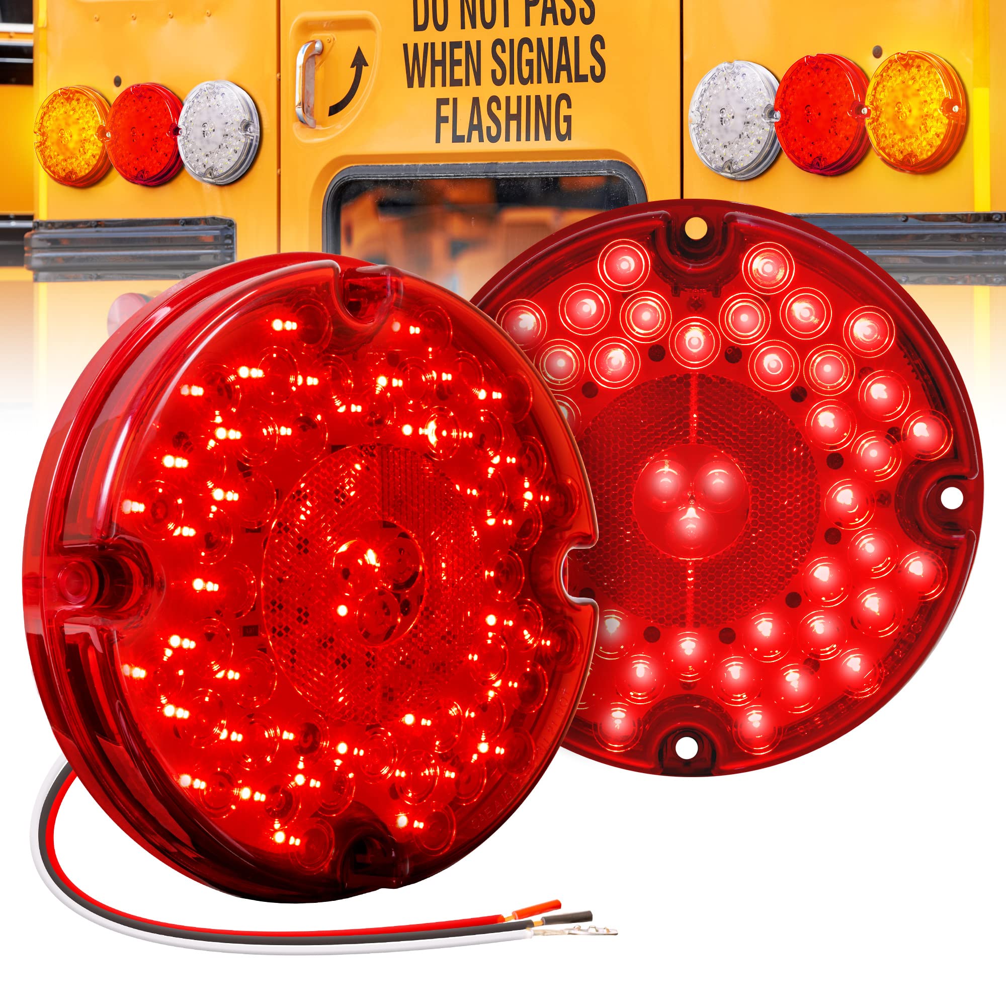 TRUE MODS 2pc 7" Round 47-LED Stop Brake Tail Light For School Bus Transit Vehicle Refuse Hauler [DOT FMVSS-108] [SAE AI6P2S2(3) T] [TBT Turn/Brake/