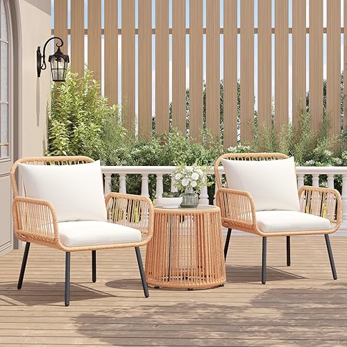 Verano Garden 3 Pieces Patio Bistro Sets, Outdoor Wicker Balcony Furniture Sets,Patio Rattan Furniture Set with Round Glass Table for Porch,Lawn,Garden,Backyard (Cream White, 3 PCS Set)