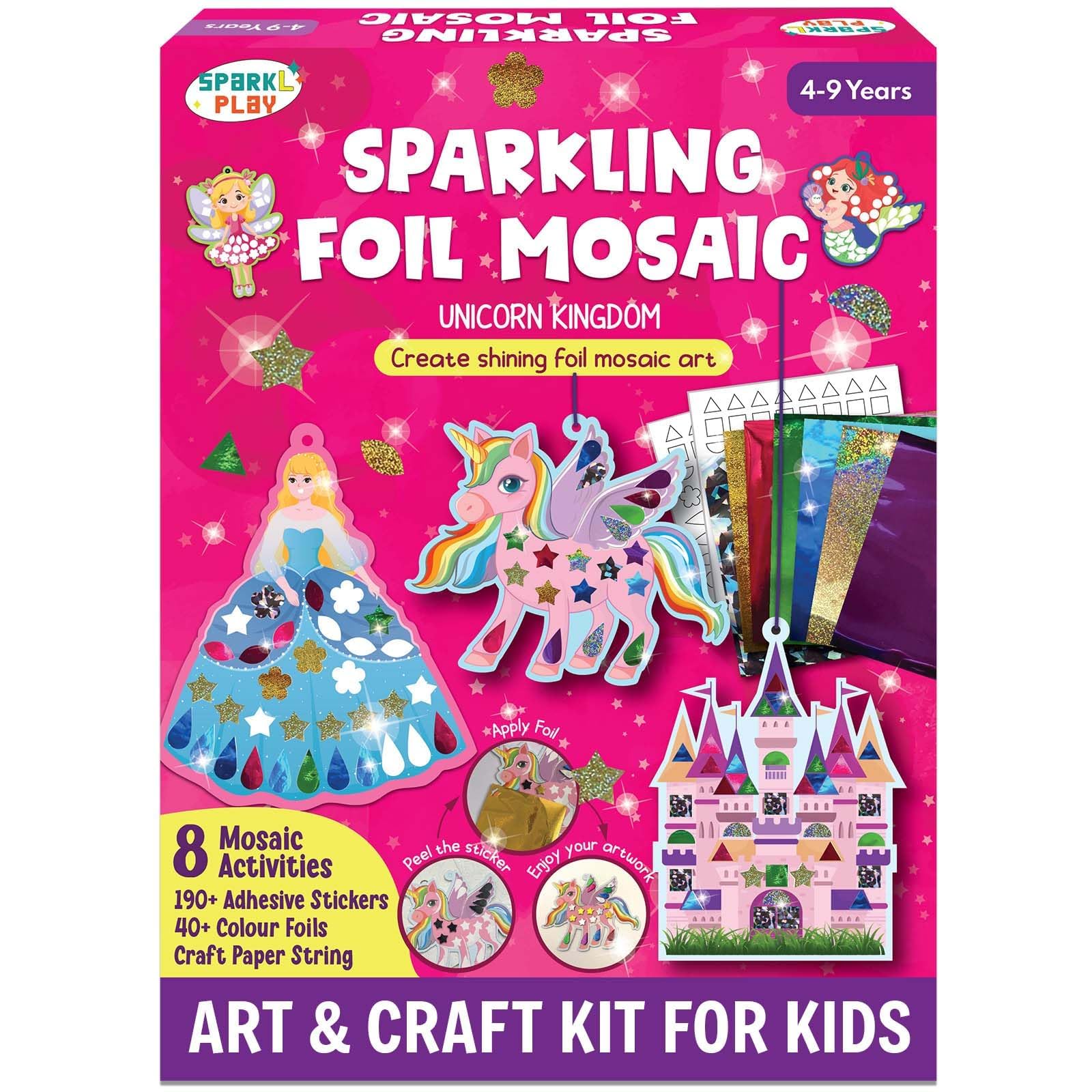 - SparkLPlay Unicorn DIY Craft Kit for Kids | Foil Mosaic Art Set | with 8 Foil Fun Activities | Mess Free | Gift for Kids Ages 4-9