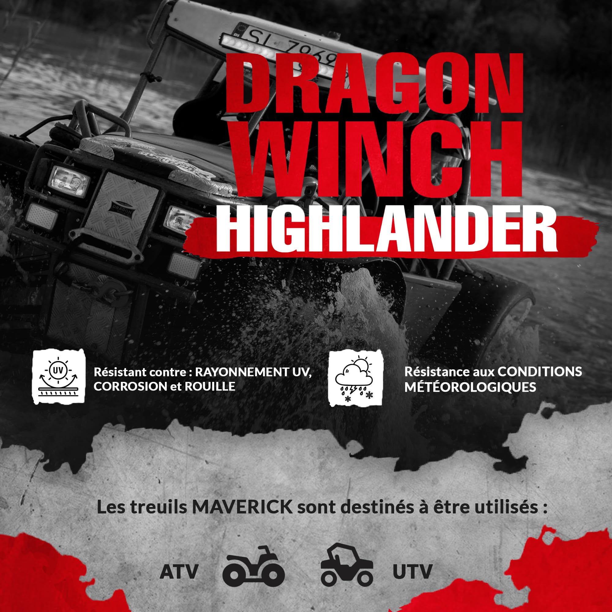 Dragon Winch Treuil électrique série Highlander 3000 lbs (1360 kg), 12V câble en acier 15m pour quads tout-terrain, VTT extrêmes, UTV | treuil étanche | incl. télécommande sans fil + accessoires