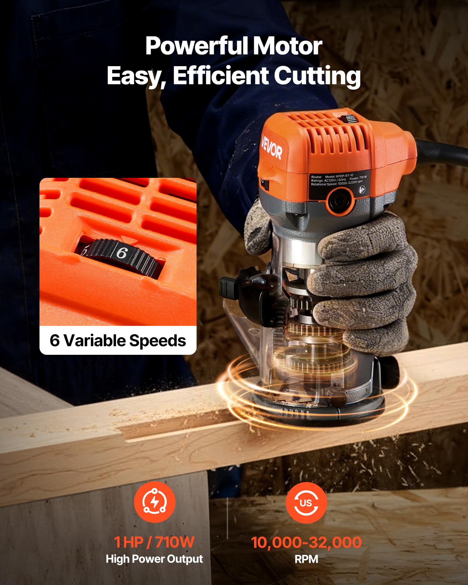 VEVOR Fresadora de Madera 1 HP 710 W, Rebajadora Eléctrica de 6 Velocidades Variables, Arranque Suave, con 3 Bases y Guía Paralela, Fresadora de Cantos para Carpintería, Bricolaje, con Cable