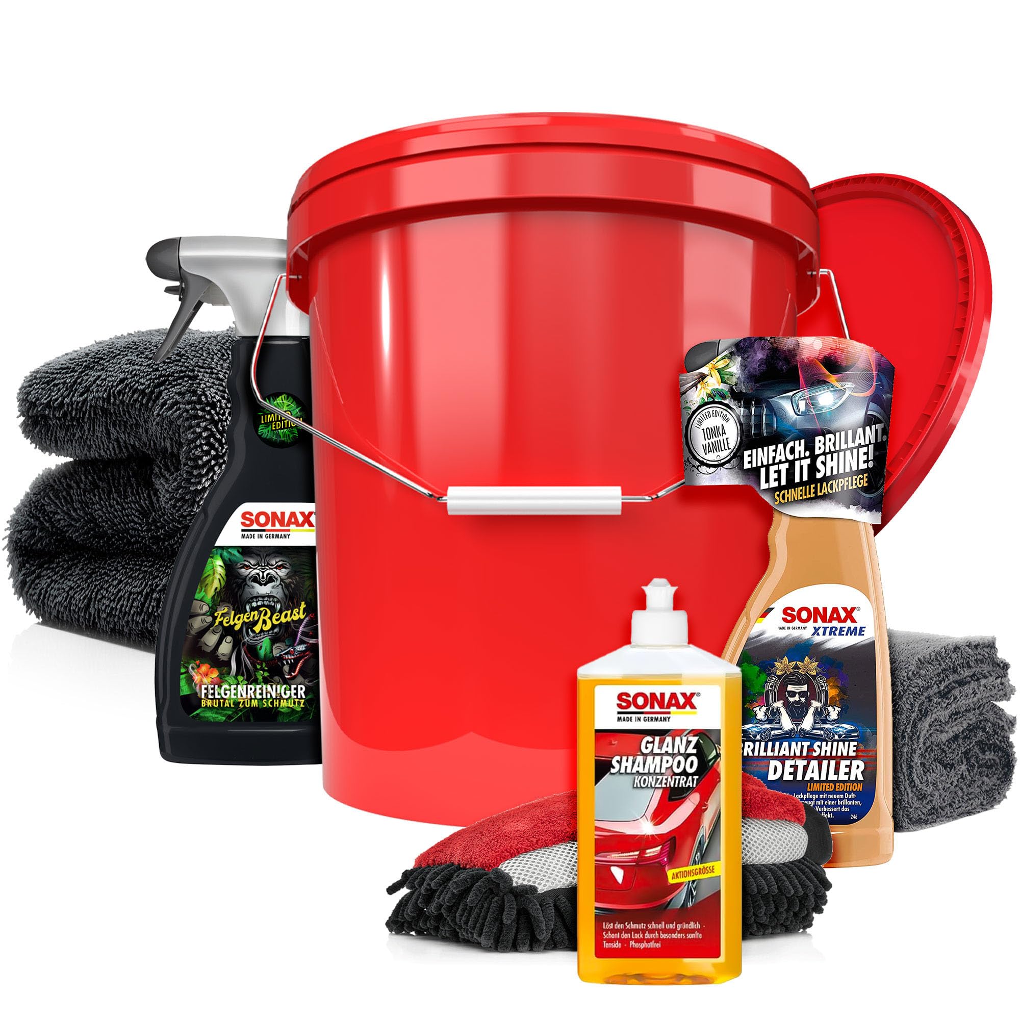 Set lavaggio auto – Sonax: shampoo per auto, pulizia cerchioni, Brilliant Shine Detailer – Dettagli – Panno asciutto, guanto da lavaggio, secchio con coperchio – Set di pulizia per auto esterno