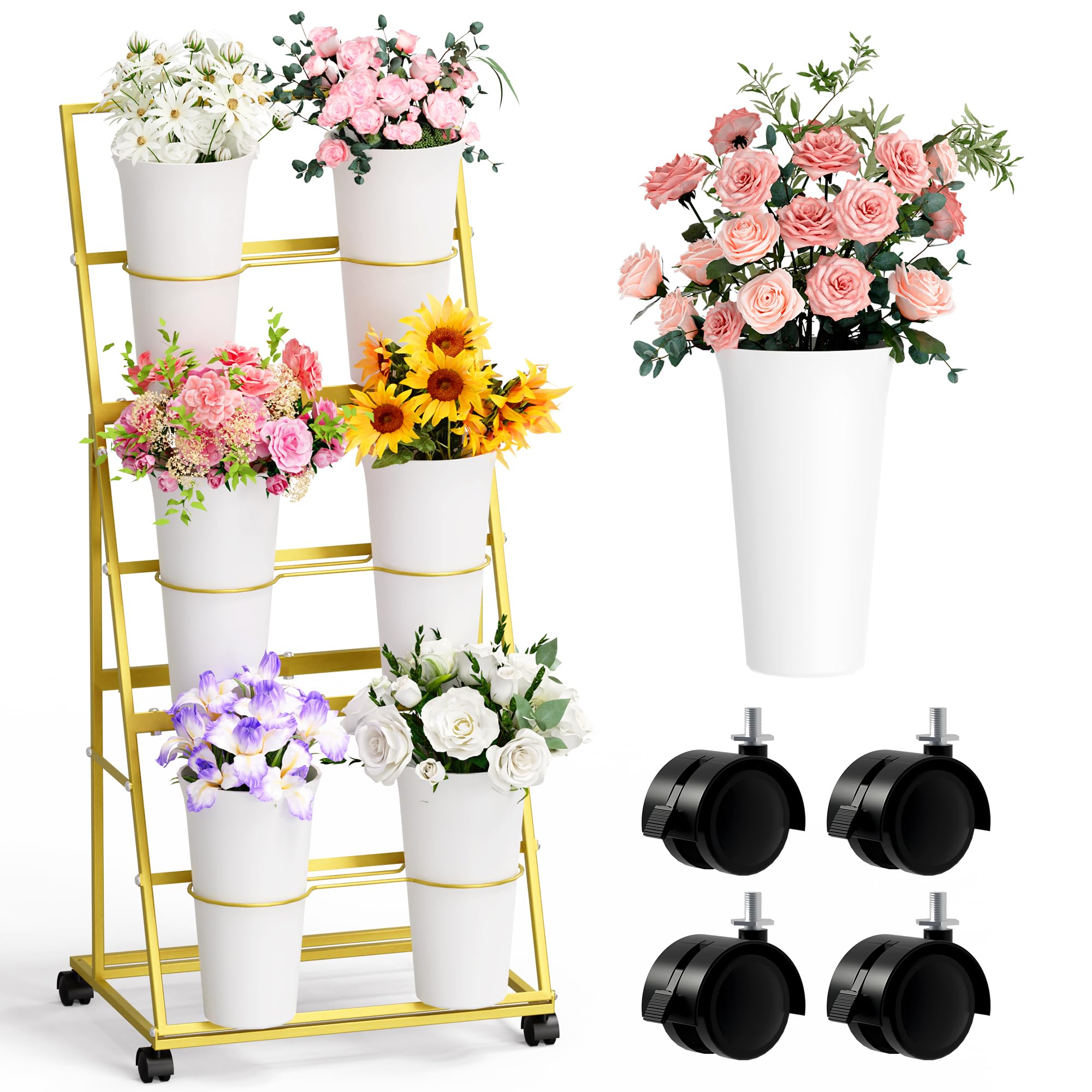 Invech Flower Display Stand with 6 Buckets and Wheels, 3 Tier Flower Cart Display Stand for Indoor Outdoor Garden, Wedding, Flower Shop, Gold