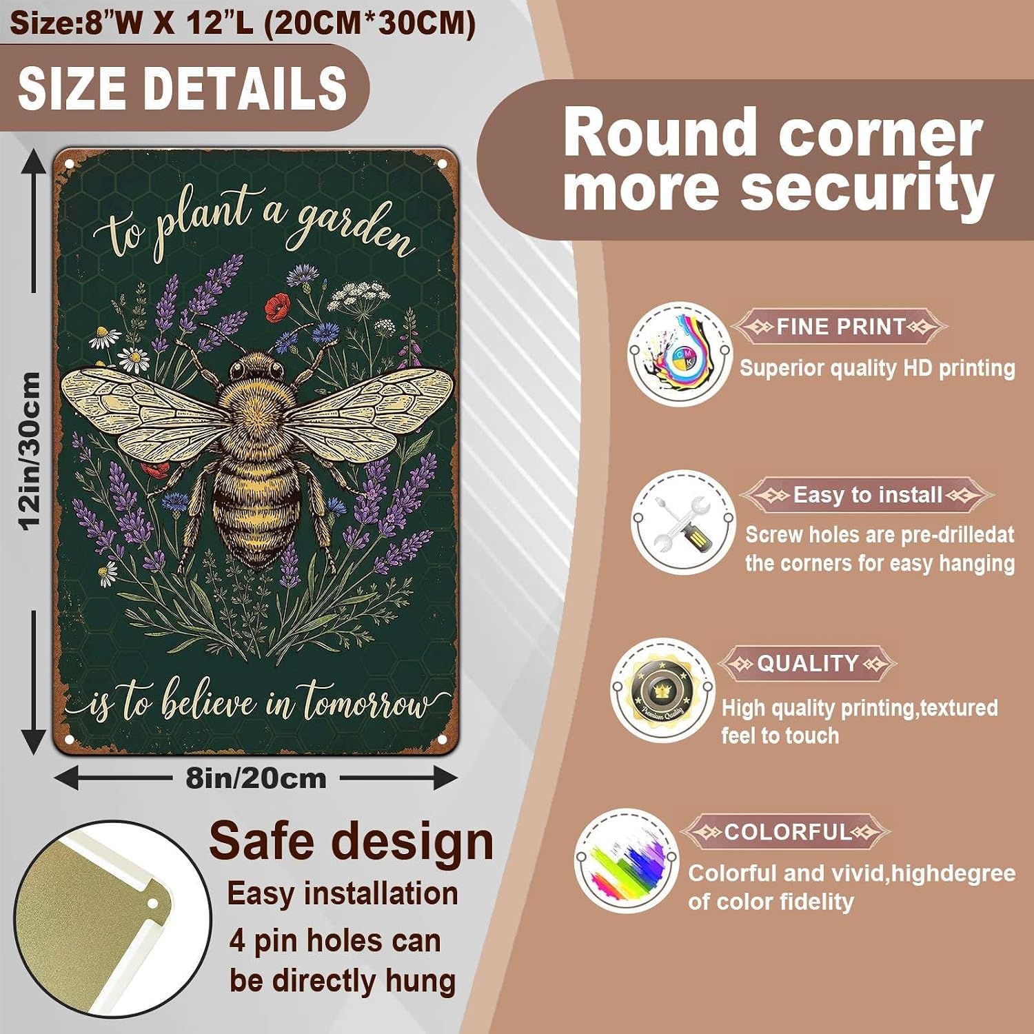 Garden Bee Metal Signs Yard Art Wall Decor to Plant A Garden Is To Believe In Tomorrow Outdoor Wall Decor for Home Patio Yard 8x12 inch image 3