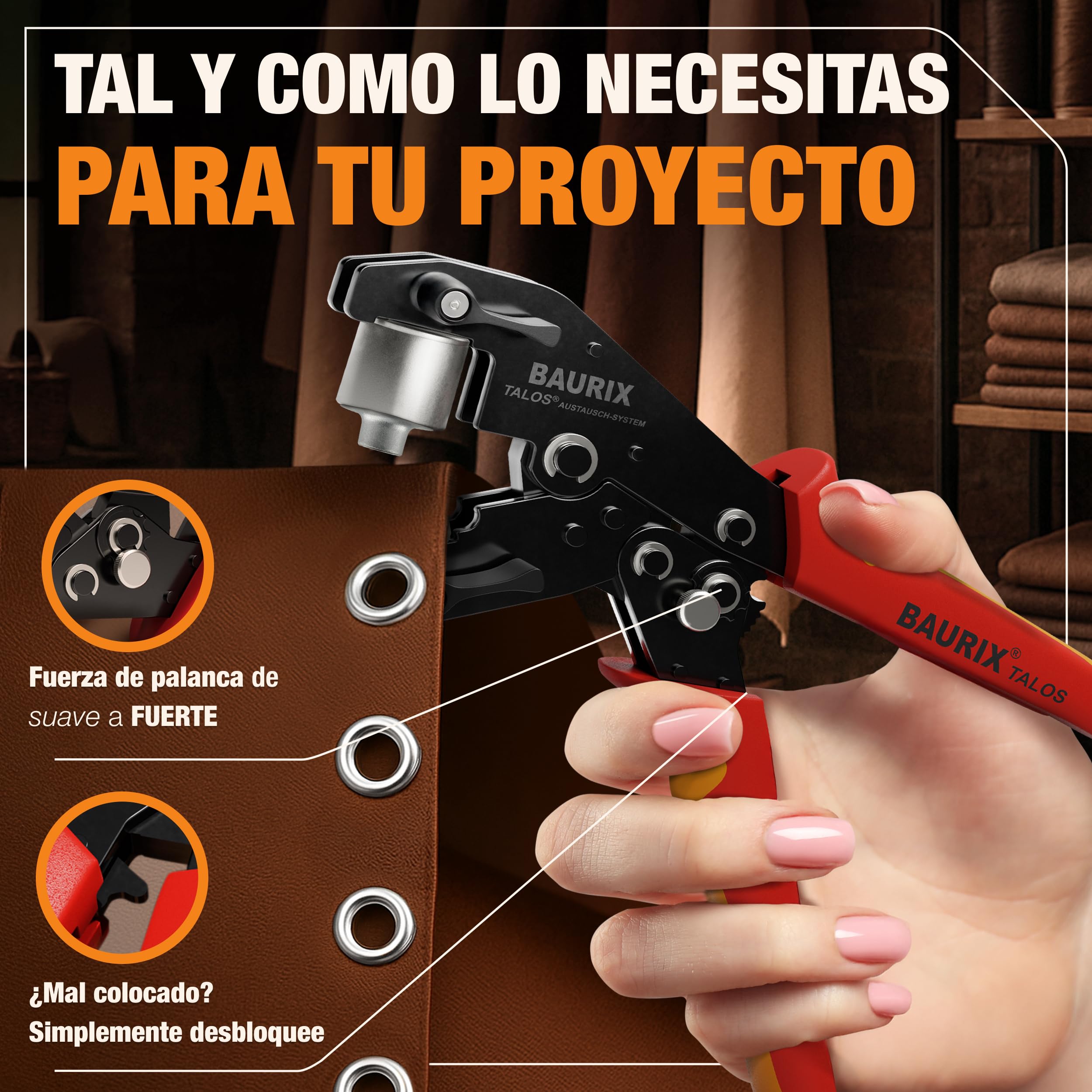 BAURIX® Alicate para Ojales con 200 Ojetes de Metal (Ø10mm) – Perforación Automática sin Troquelado Previo – para Lonas, Telas, Cuero y Textiles – ideal para Bricolaje y Costura - TALOS