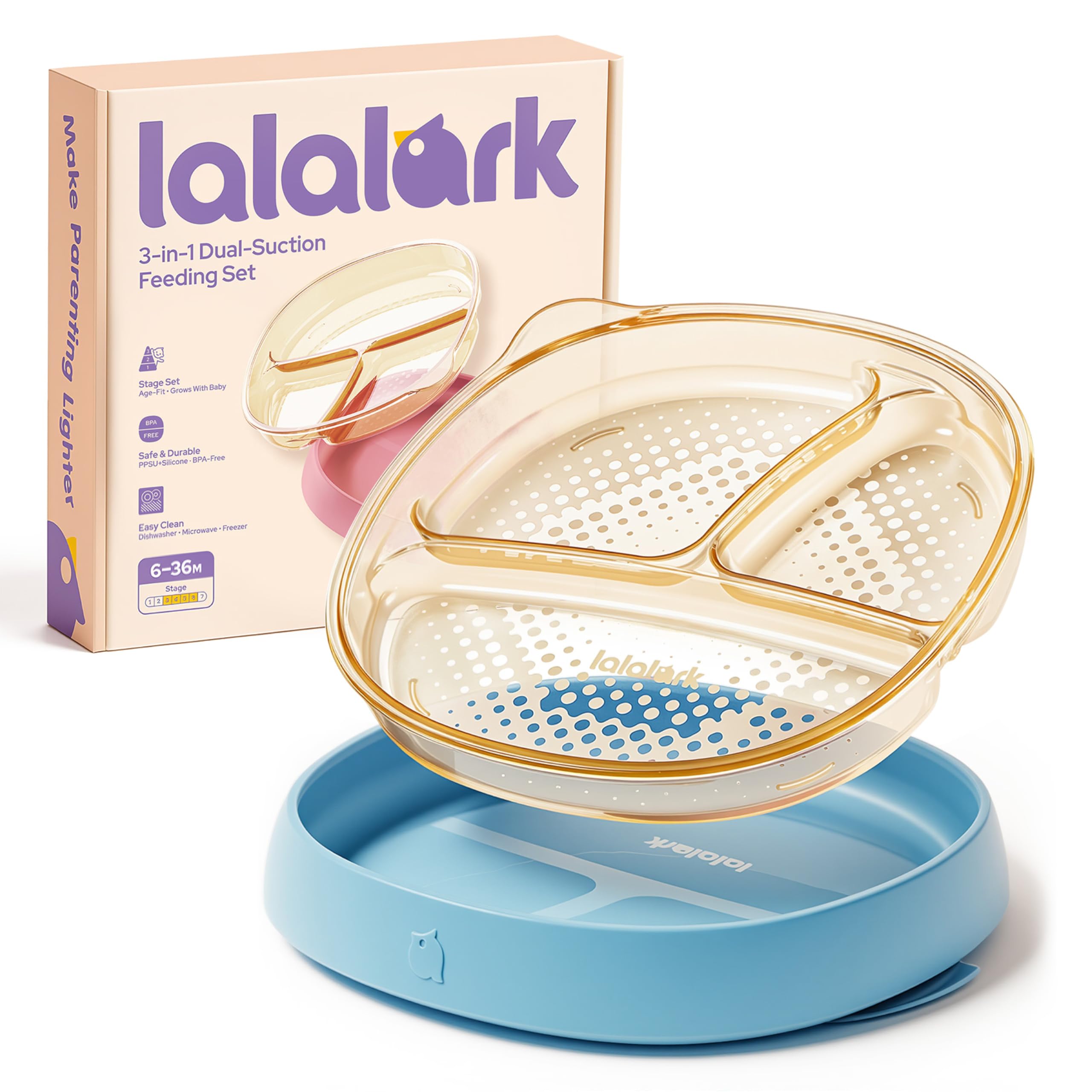 Toddler Plates with Suction Base 2 Pack - PPSU & Food Grade Silicone Baby Divided Dishes for 0 1 2 3 Years Old, BPA Free Non-Toxic for Kids Led Weaning, Microwave & Dishwasher Safe(Sea Salt Blue)