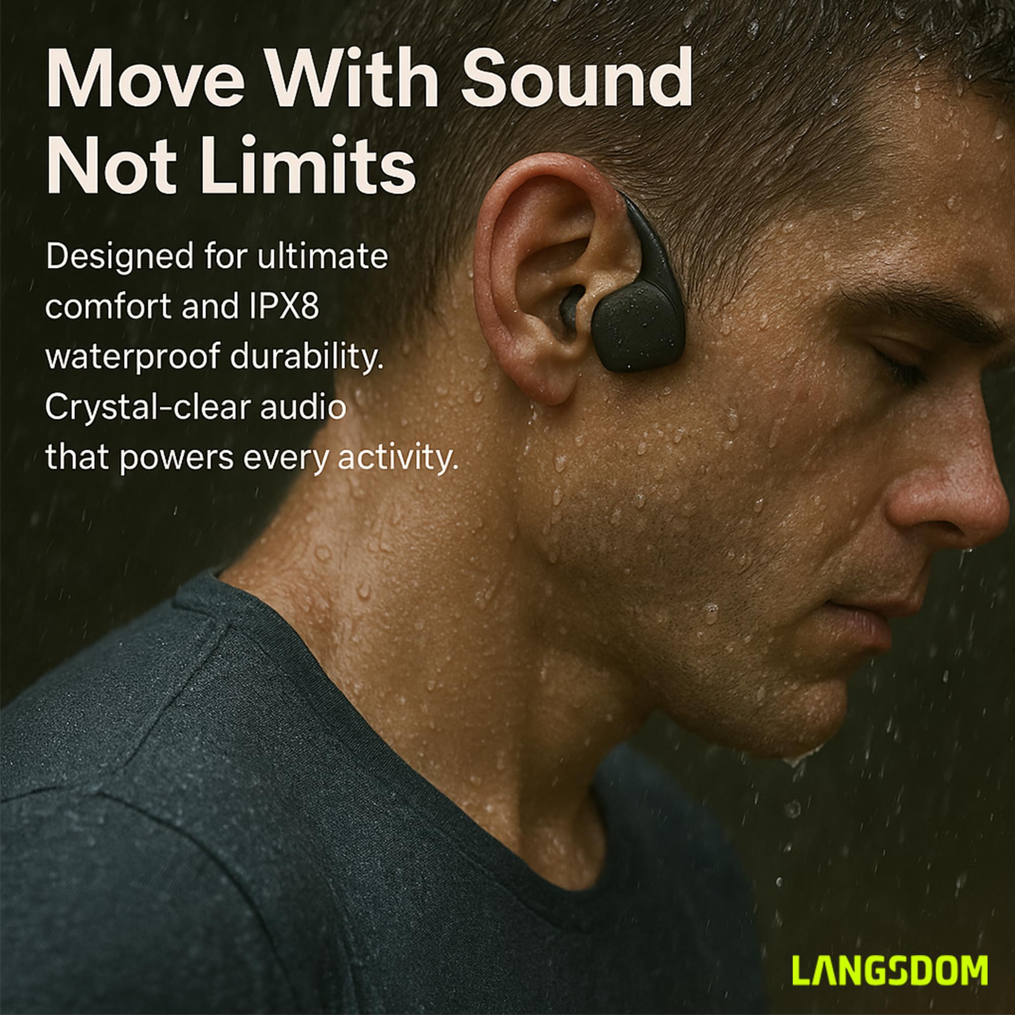 Langsdom BE17 Cuffie a Conduzione Ossea con Orecchio Aperto, IPX8 Impermeabili, 10h di Autonomia, Bluetooth 5.4, Memoria Integrata da 32 GB, Leggere e Comode per Sport, Corsa e Nuoto