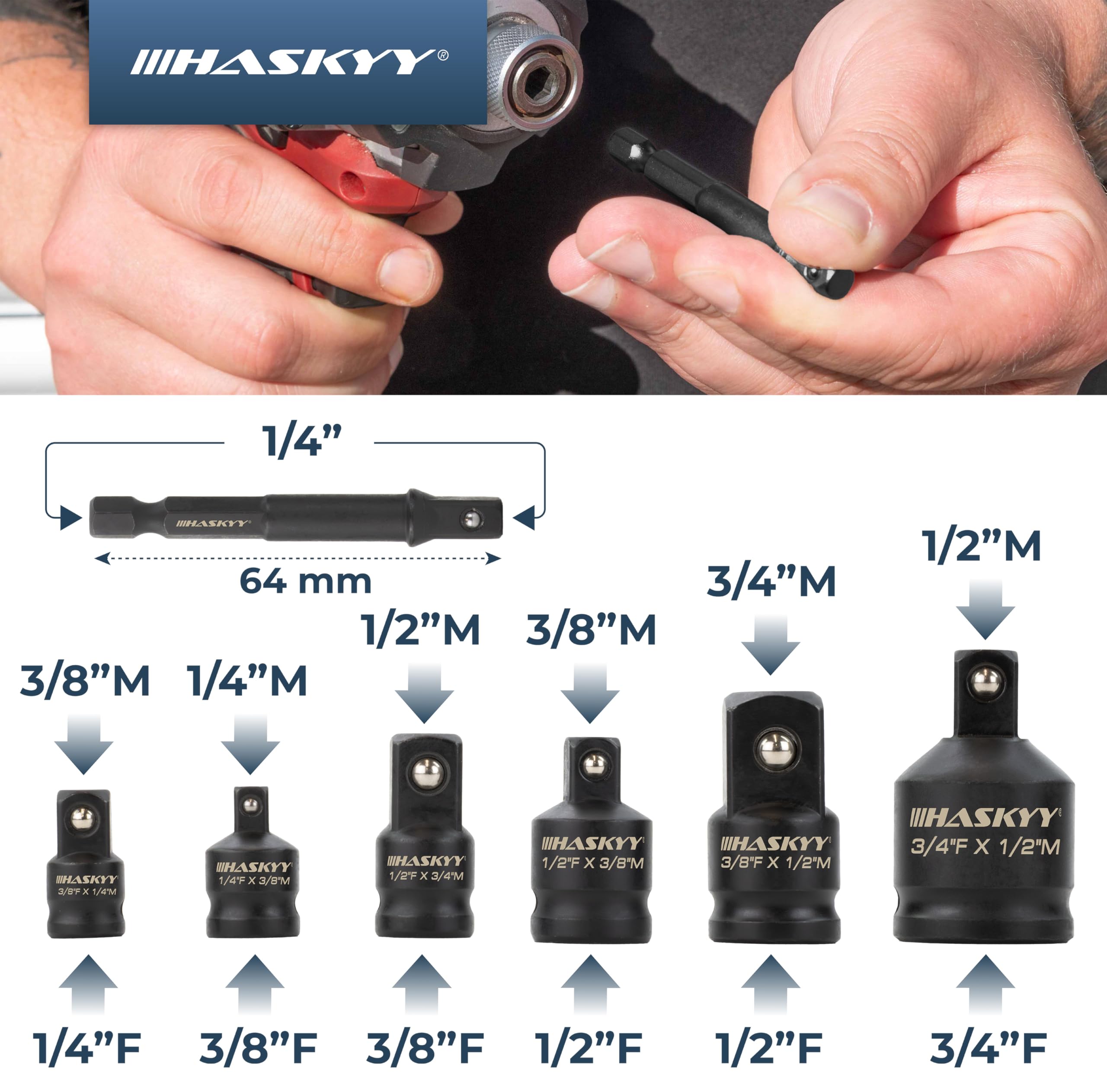 HASKYY Zestaw adapterów do wkrętarki udarowej 1/4" 3/8" 1/2" 3/4" do wkrętarki akumulatorowej, grzechotki i klucza dynamometrycznego – zestaw adapterów do kluczy nasadowych ze stali