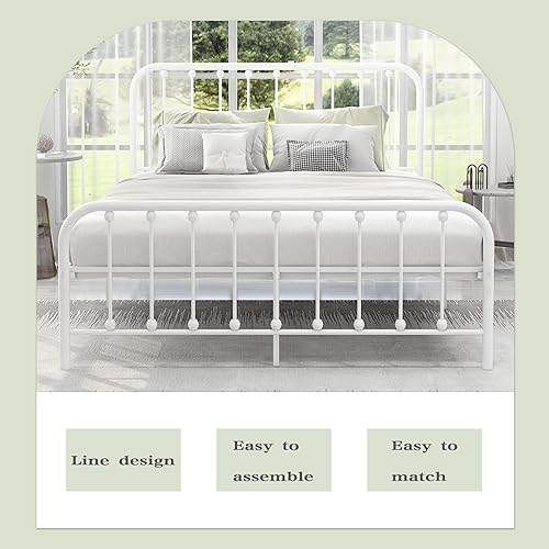 Miniatura 4 de alazyhome Base de cama de plataforma de metal tamaño Queen con cabecera y estribo, soporte de listones de acero resistente y resistente, no necesita