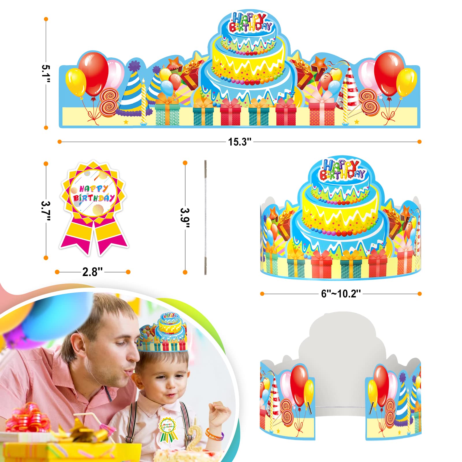 90 Pcs Happy Birthday Kits for Kids Classroom, Include Happy Birthday Crowns, Silicone Stretches, Badge Stickers, Students Kindergarten Birthday Party Hats for School Teacher Classroom Party Supplies