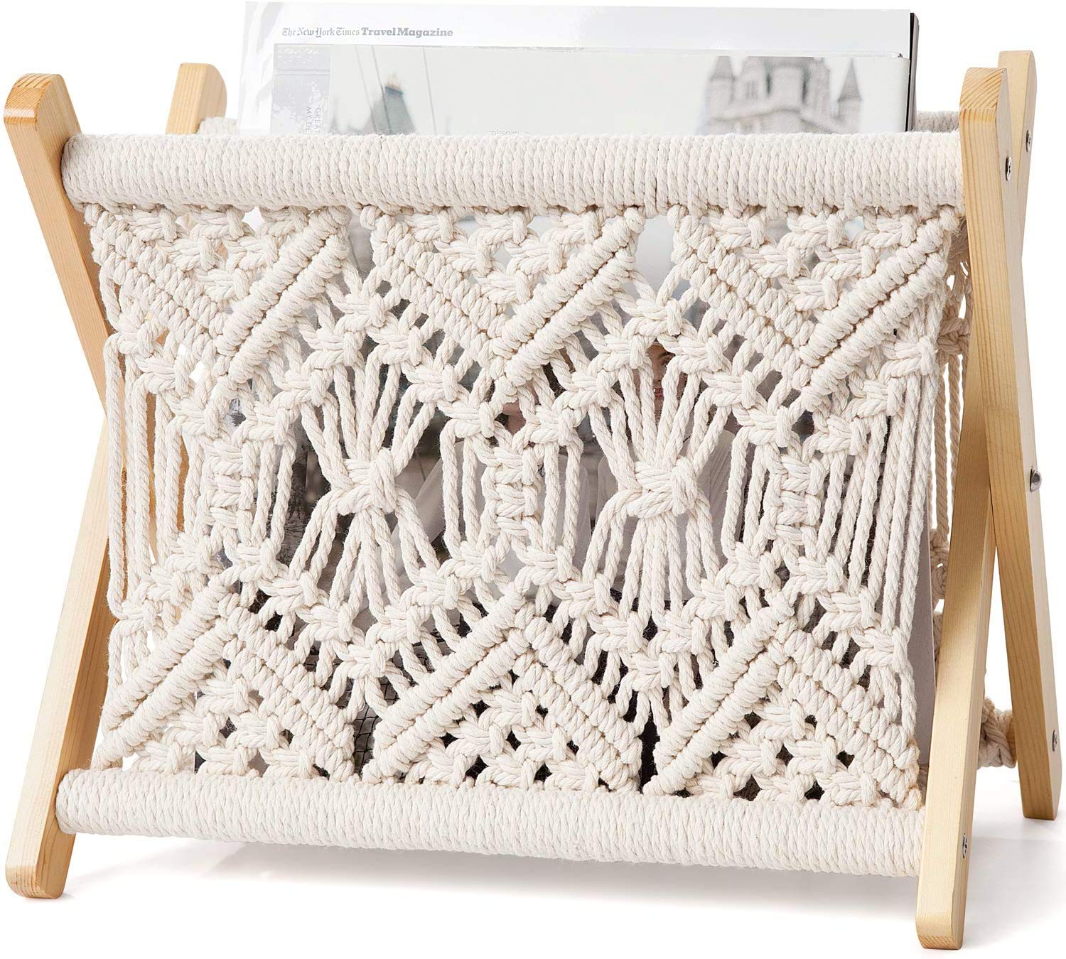 Mkouo Macrame Magazine Rack Small Boho Magazine Holder Storage Basket Standing Rack for Books, Newspapers, Notebook, Swaddle Blanket, Living Room, Bathroom, Office, Nursery, Rustic Boho Home Decor