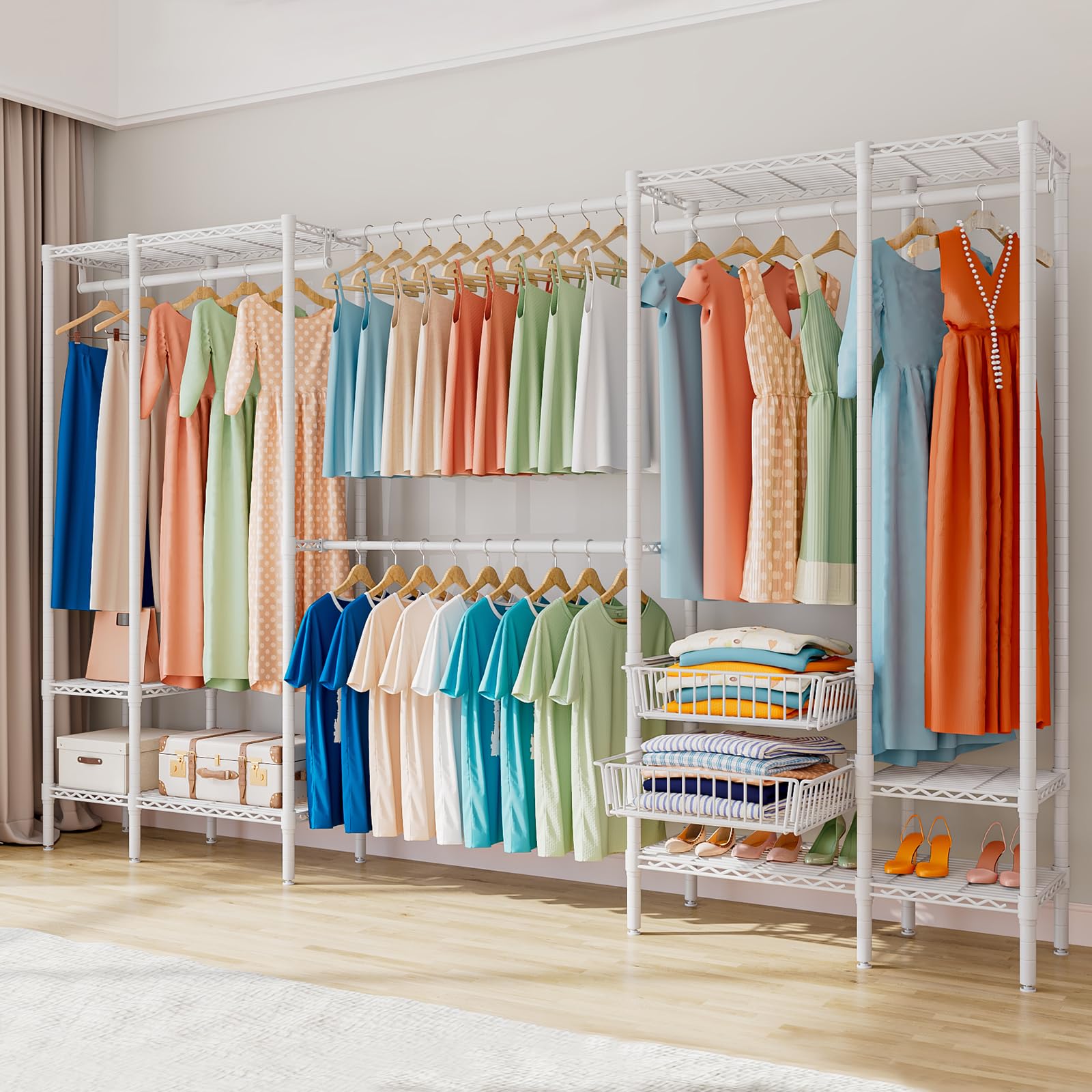 Armario Abierto Extensible (249-297 cm), con 2 Cestas y Gran Capacidad, Burro de Ropa Metálico para Dormitorio o Vestidor, Color Blanco