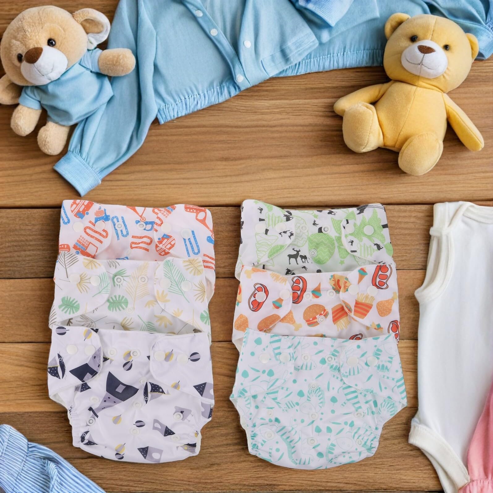 Pañales Reutilizables para Ñiño con Broches Ajustables, 6 Piezas Estampadas de Dibujos Animados, Absorbentes y Lavables, Pantalones de Entrenamiento para Ir al Baño, Talla