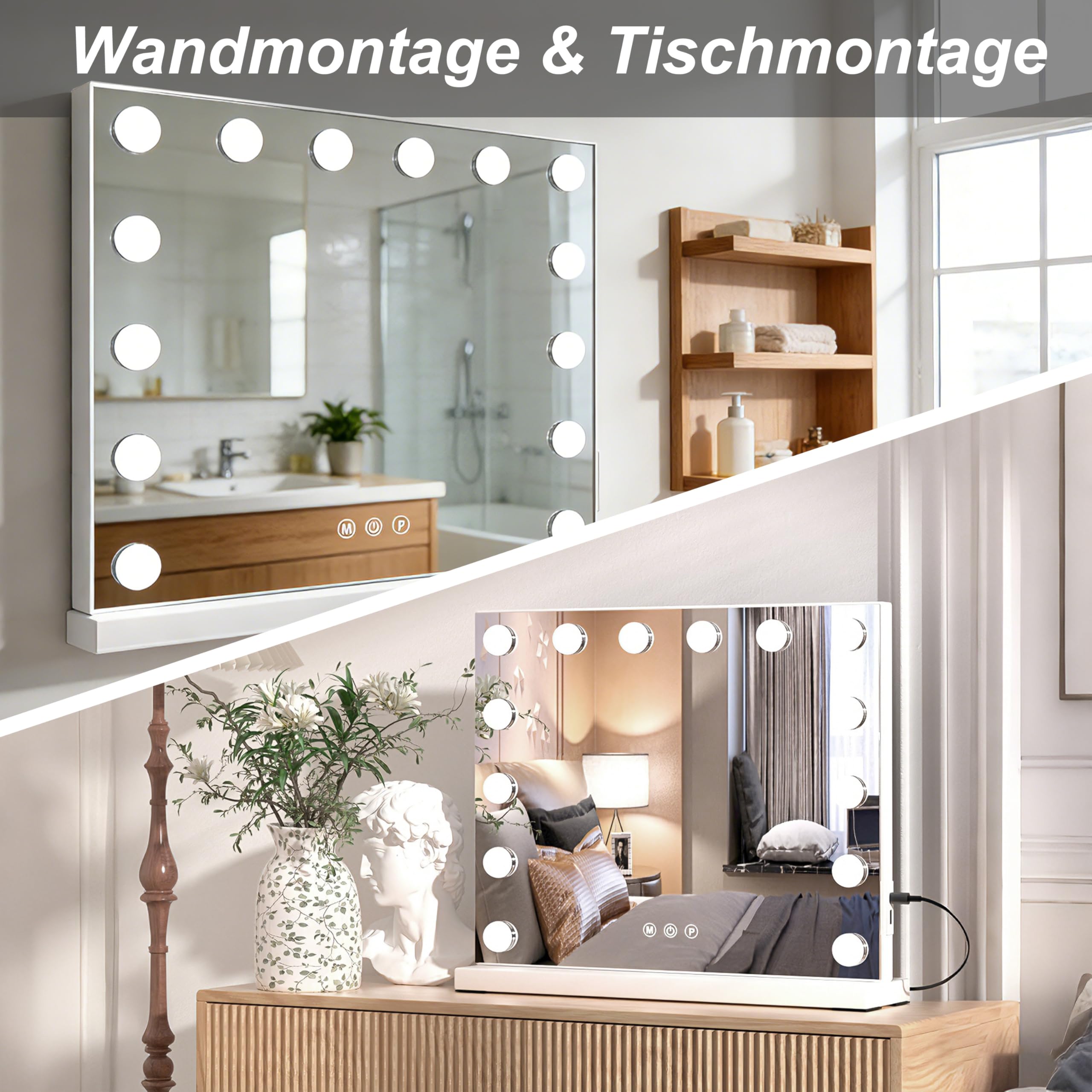 SURFOU Hollywood Schminktischspiegel mit Beleuchtung, Schminkspiegel 14 LED-Lichter mit 3 Farbtemperaturen Licht, dimmbarer Kosmetikspiegel mit Ladeanschlüssen, Touch Control, 50 x 40 cm (Weiß)
