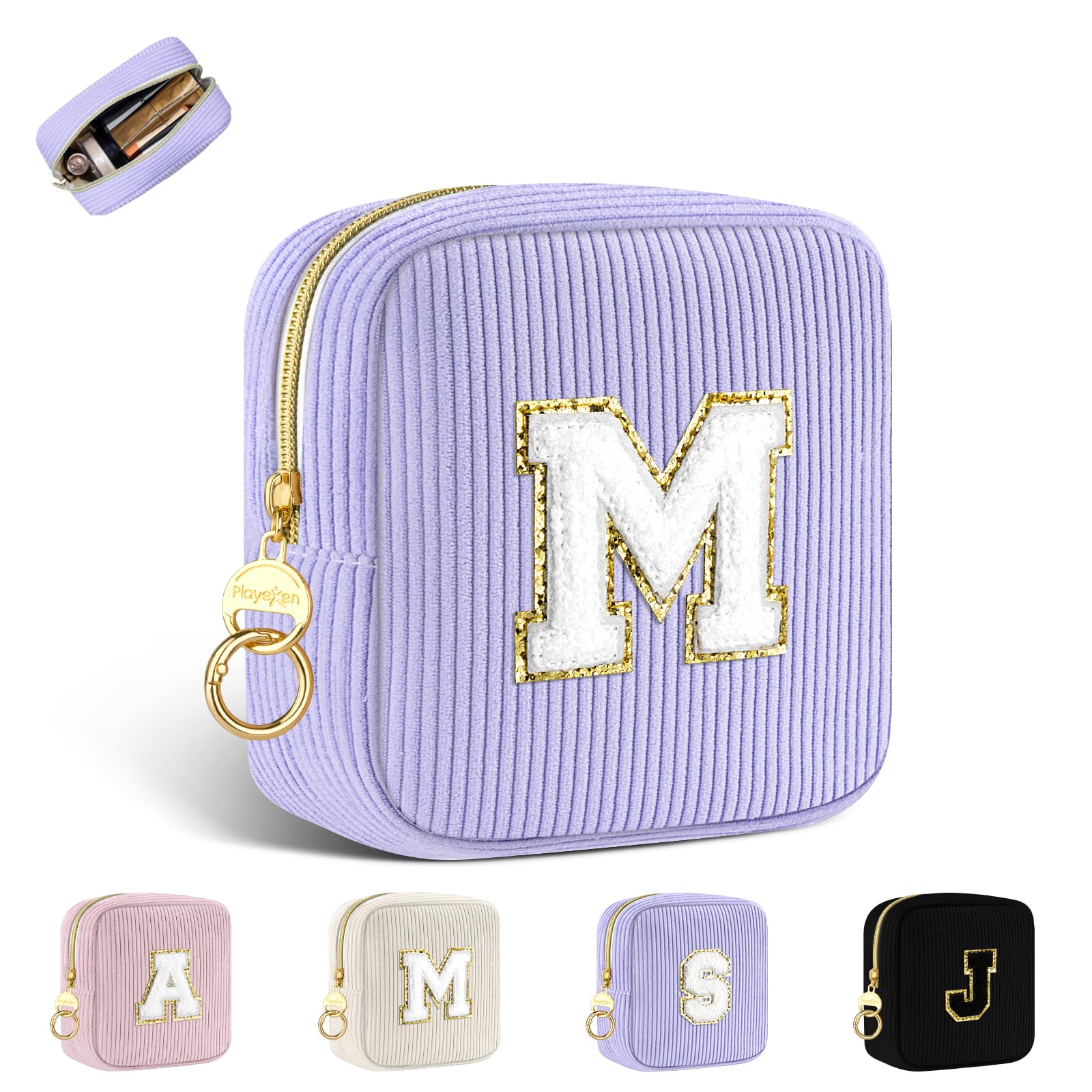 Pochette Personalizzata con Iniziale in Velluto a Coste Porta Trucchi Piccolo da Borsetta Donna Trucco Borsa da Cosmetici Mini Beauty Case da Viaggio Regalo per Ragazza Amica Compleanno Viola M
