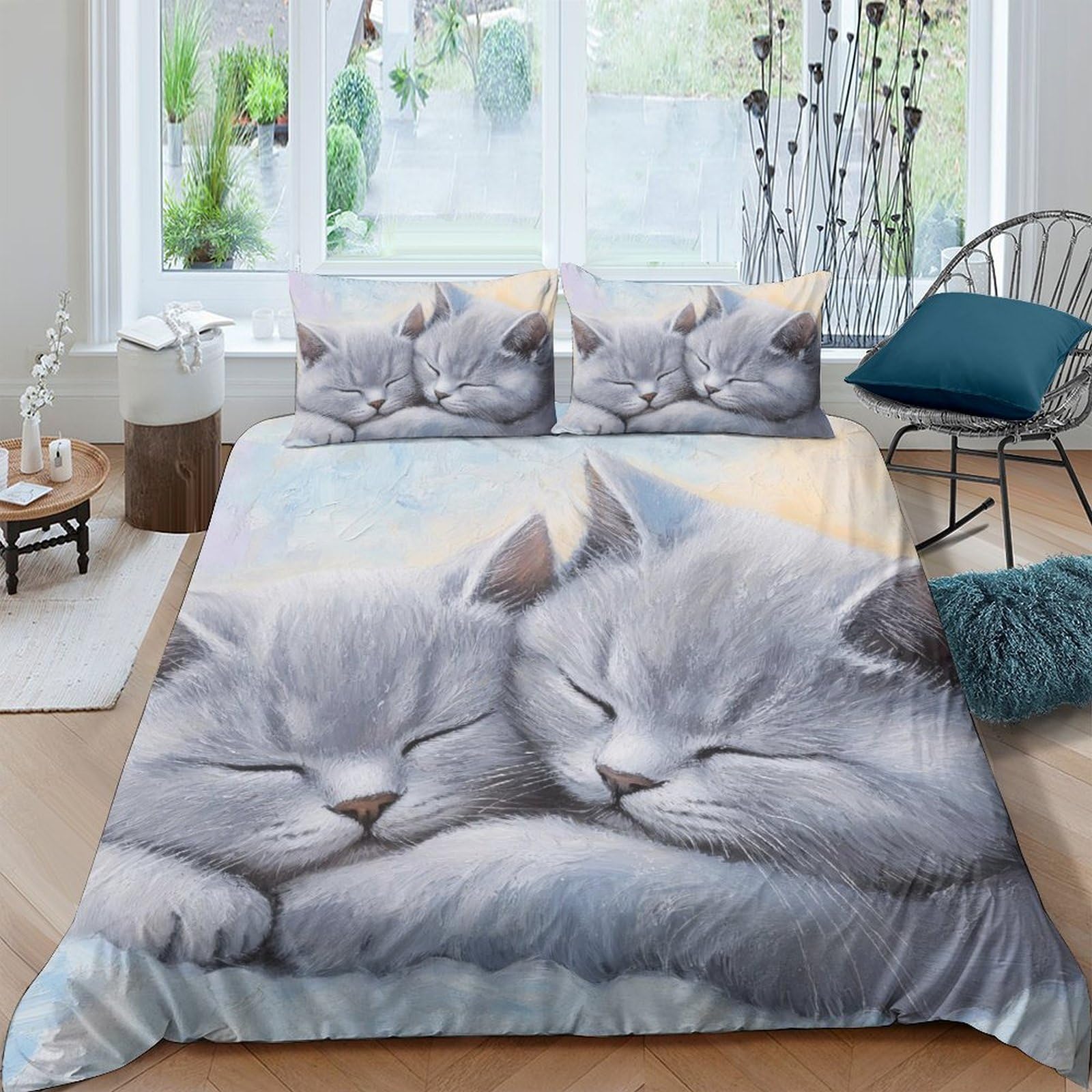 Ctjqhvkz Style-9 3D Printed Sleeping Kitten Fitted Sheet Microfiber Soft Grey Cat Bed Cover For Bedroom Guest Room Mattress Decor Single（135X200cm）