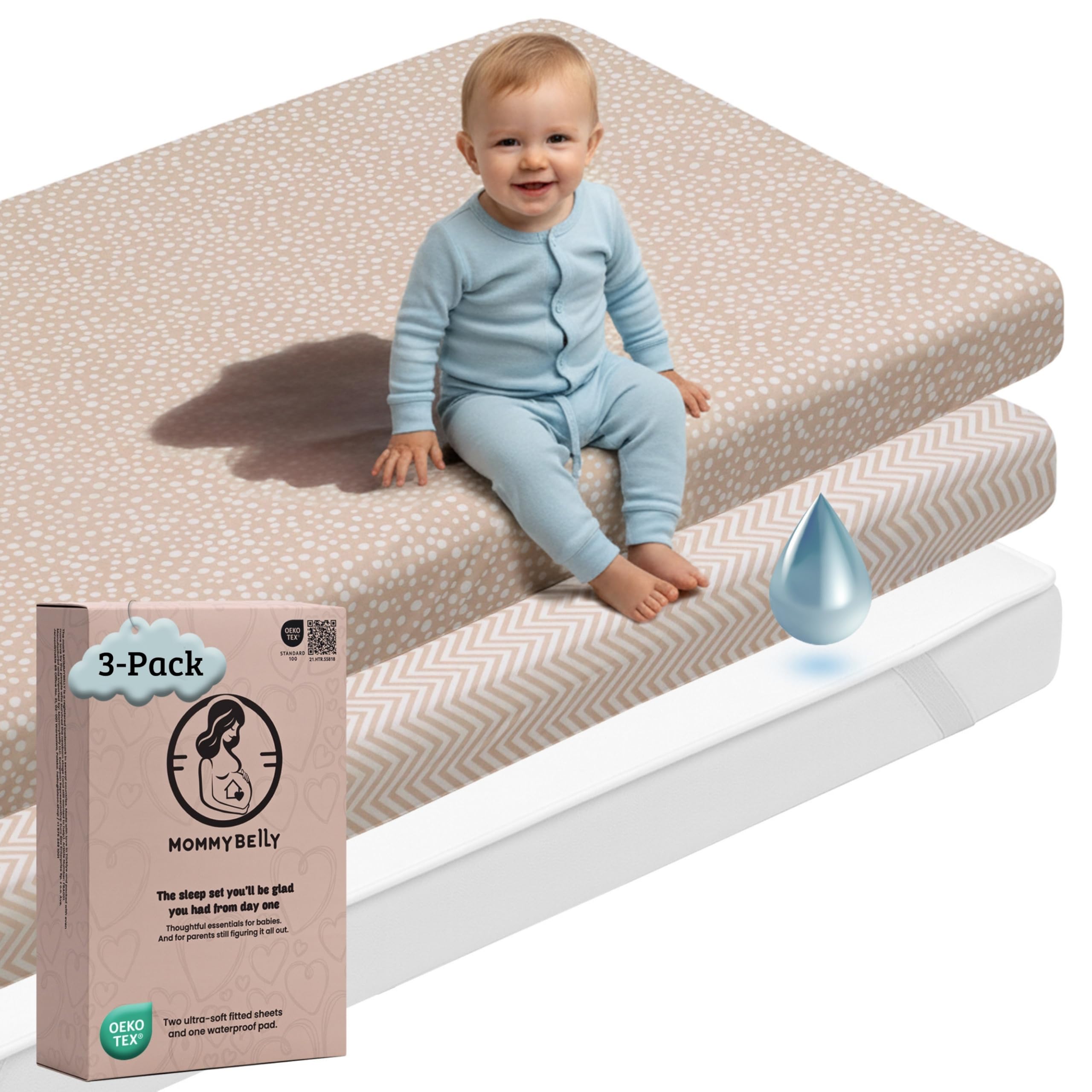 Mommybelly Spannbettlaken Kinderwagen Set, Buggy 40x80. 2 Spannbettlaken aus Baumwoll-Jersey + 1 Matratzenschoner Wasserdicht aus Frottee. OekoTex Zertifikat. Beige-Muster 80x40