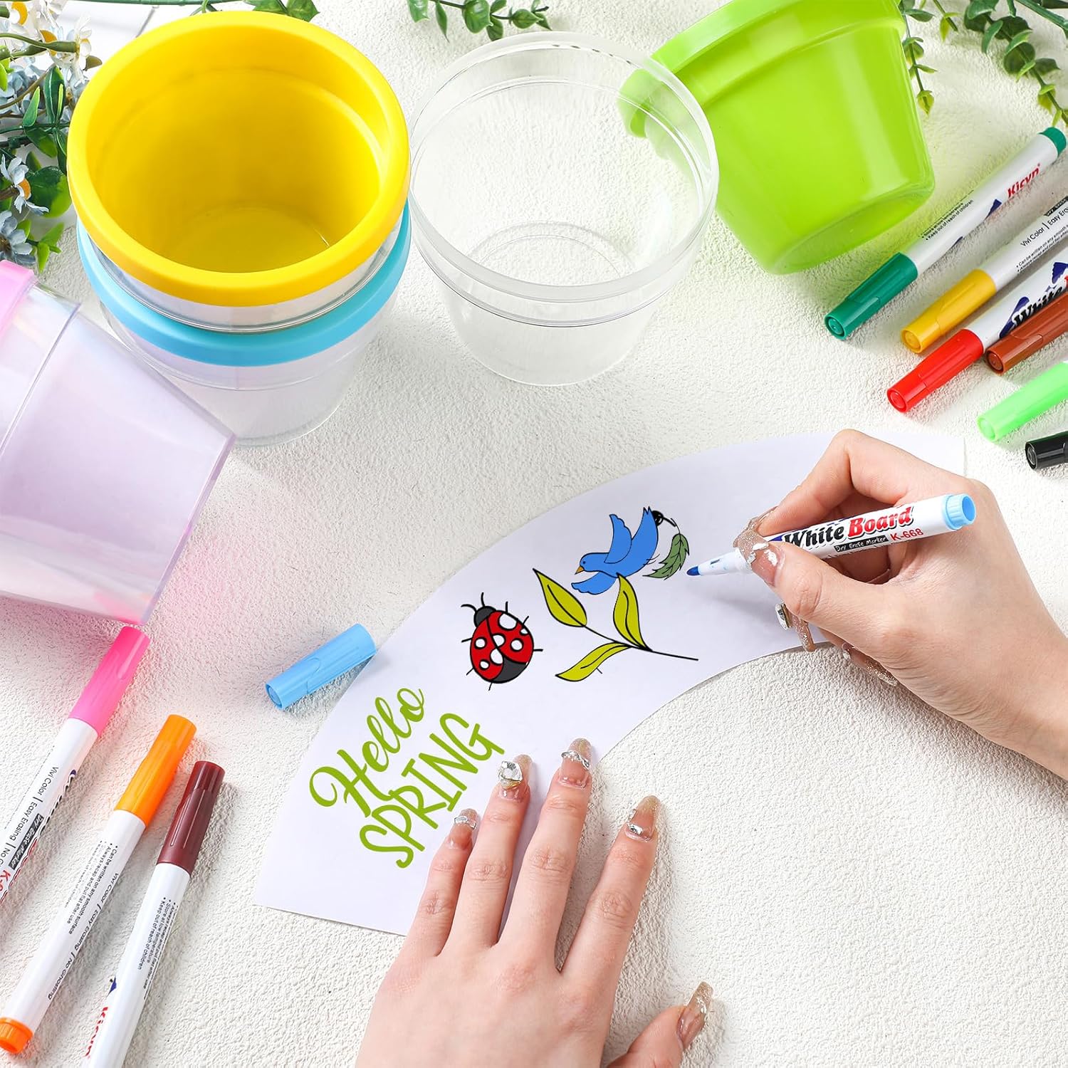 Meanplan 28 Pcs Spring Crafts 16 Spring DIY Flower Pots Paint Your Own Ornament Kit DIY Craft Flower Pot 12 Colorful Markers, Decorate Your Own Home