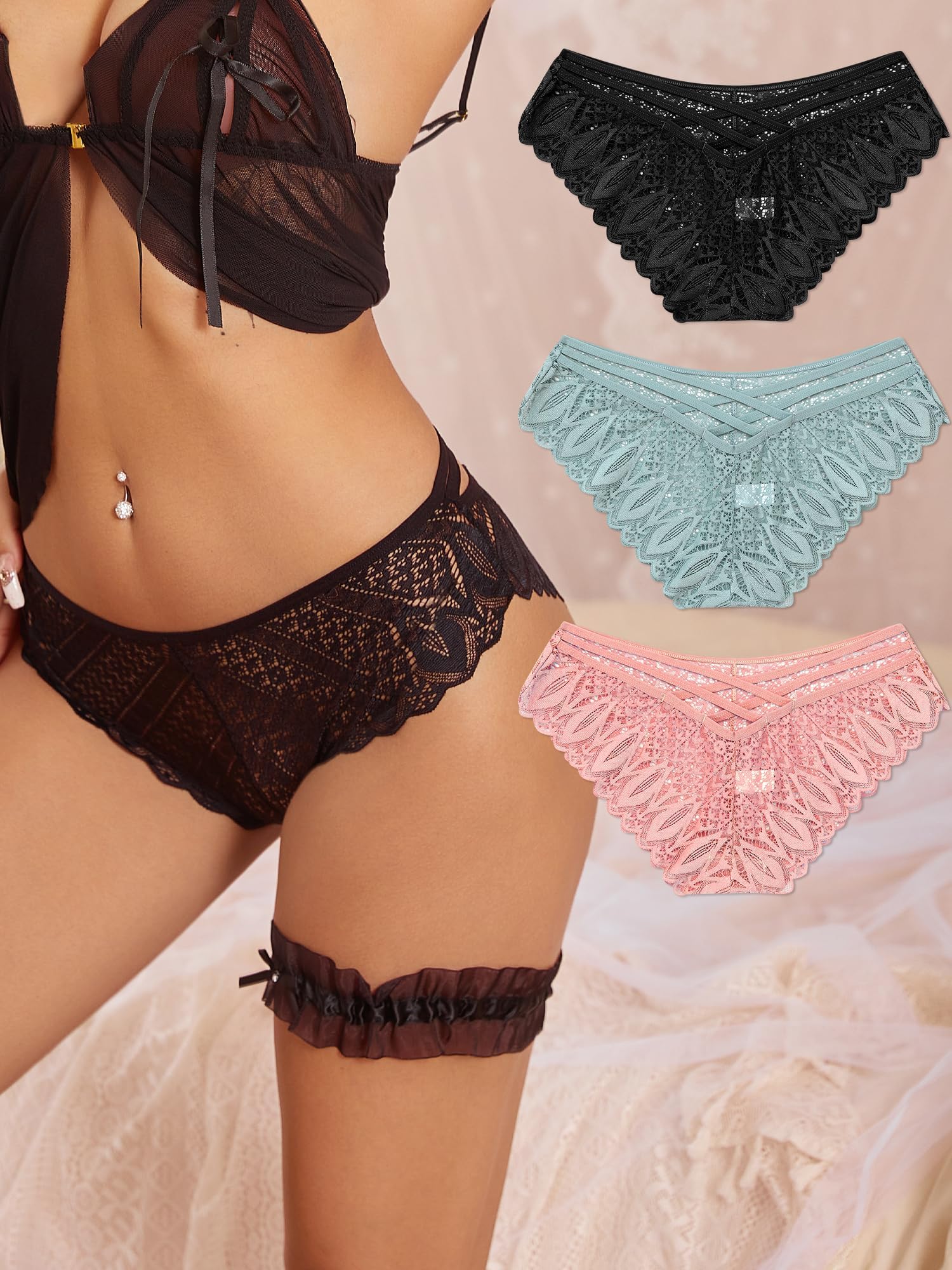 Sexy Underwear for Women Lace Bikini Low Rise Hipster Hollow Out Ladies Cheeky Panties Pack S-XL