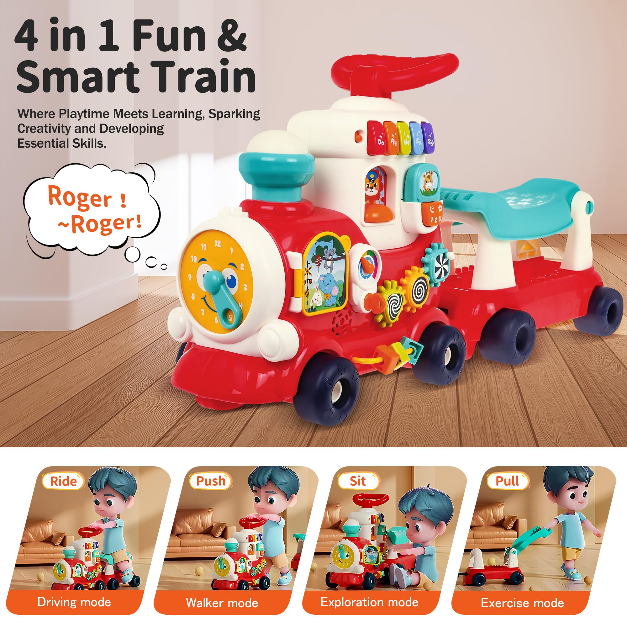 Juguetes de paseo para niños pequeños de 1 a 3 años, tren de tracción 4 en 1, juguete de coche para caminar para niños de 1 año que aprende a caminar, caminante sentado a pie para bebés de 1, 2, 3, 4 4