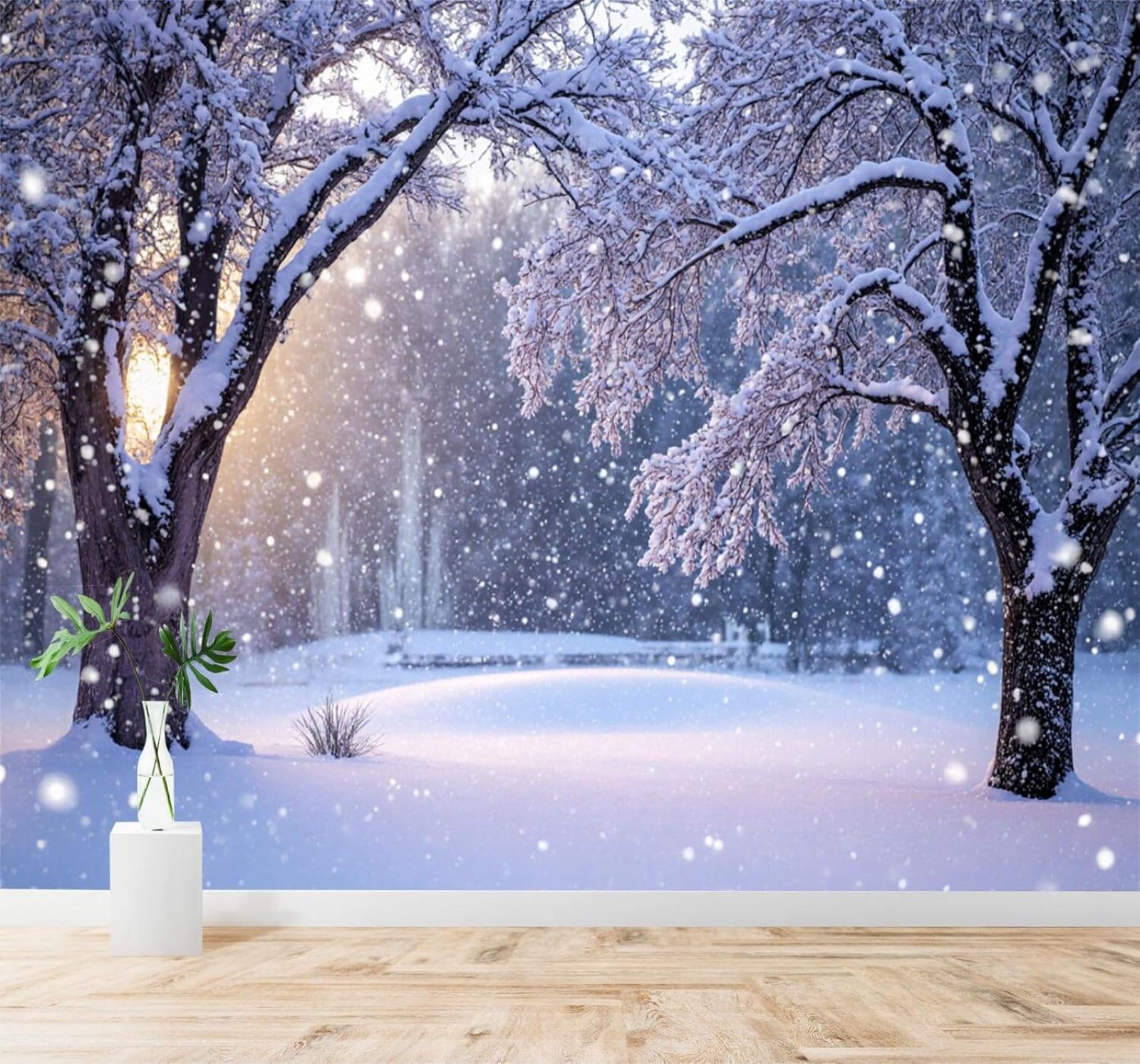 Xlming 430Cm×300Cm(B×H) Winter Forest Snowy Landscape Sturdy Trees Sunset 3D Wallpaper Silky Texture Home Study Office Grey Dining Room Sofa Bedroom Living Room Tv Backdrop-430Cm×300Cm