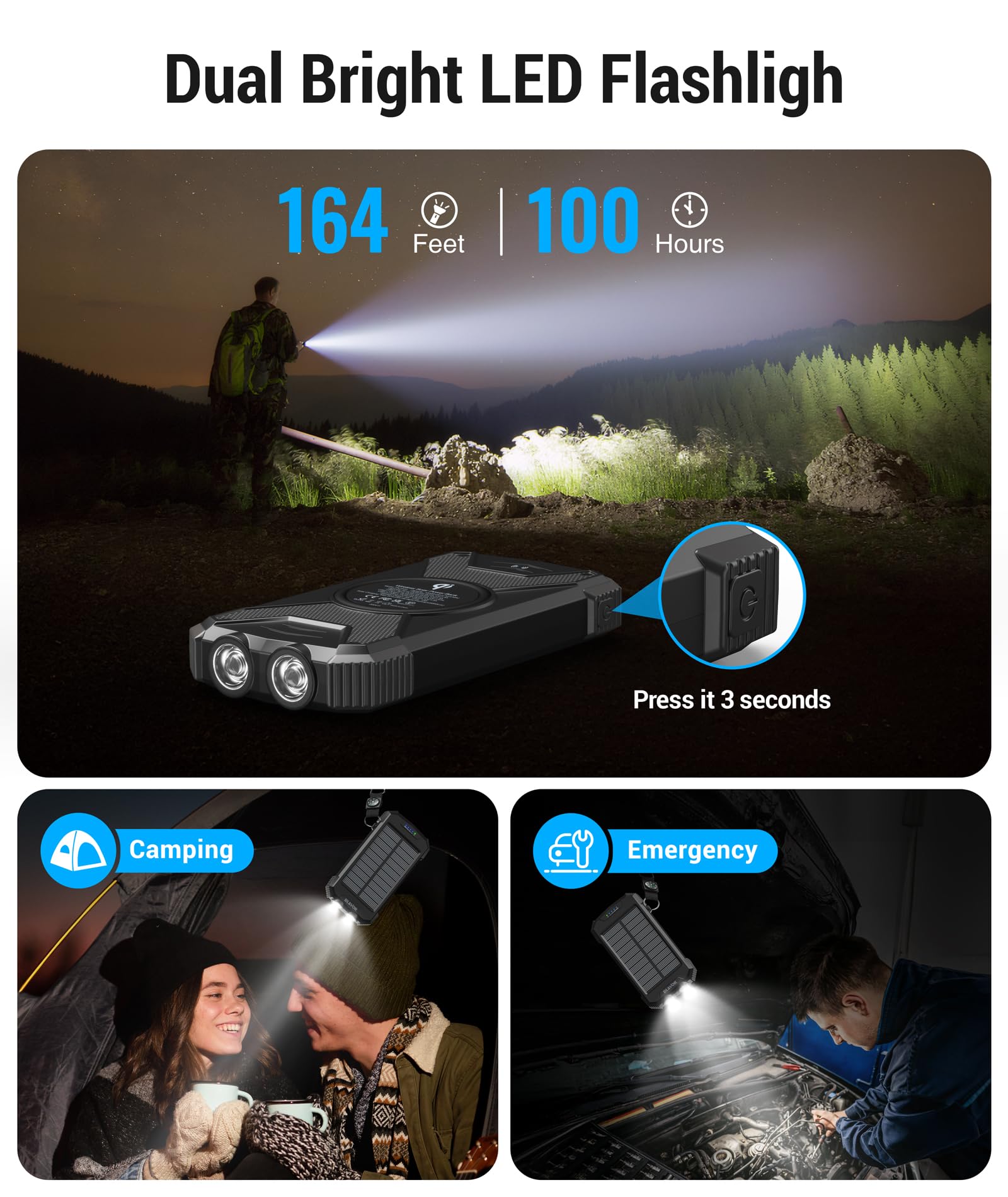 BLAVOR Powerbank solare caricatore solare 10000 mAh, PD 20 W, ricarica rapida USB C power bank con pannello solare, ricarica rapida wireless, batteria da campeggio, caricabatterie solare per