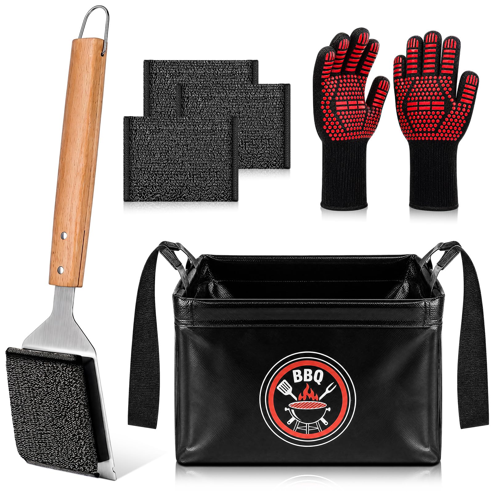 Sawysine Juego de 6 herramientas para barbacoa, cepillo de limpieza sin cerdas con 3 cabezales de repuesto, guantes resistentes al calor, cubo de agua plegable de 15 l para acampar al aire libre