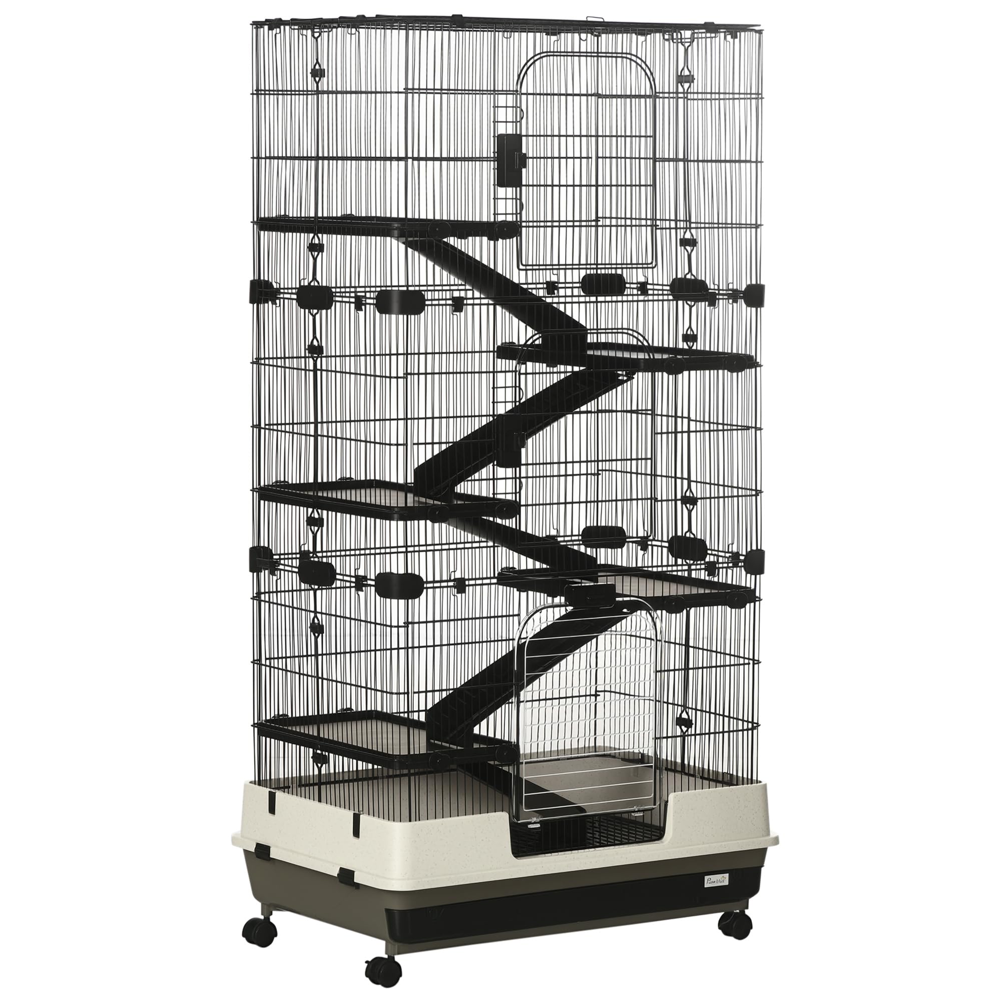 59.5" Small Animal Cage with Wheels, 6-Level Portable Bunny Cage, Chinchilla Ferret Cage with Removable Tray, Platform and Ramp