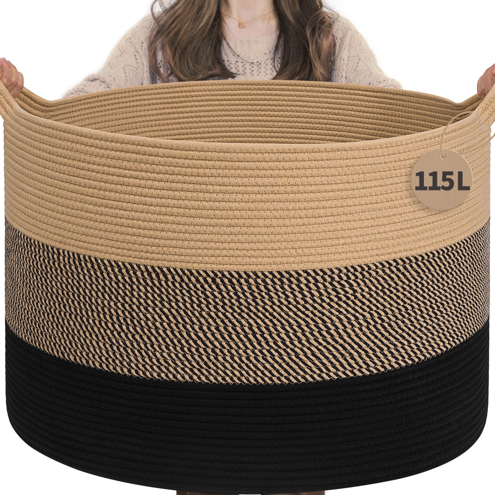 TIMEYARD XXXLarge Cotton Rope Basket, Woven Baby laundry Blanket Basket for Living Room Decor, Toy Storage Baskets for Kids Boys Girls, 60x40cm, Camel Mix & Black โ image 1