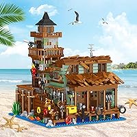 Vista 4 de Fishing Village Store - Juego de construcción de casa con luz LED, 1881 piezas de bloques de construcción de cabaña de madera, kit de juguetes