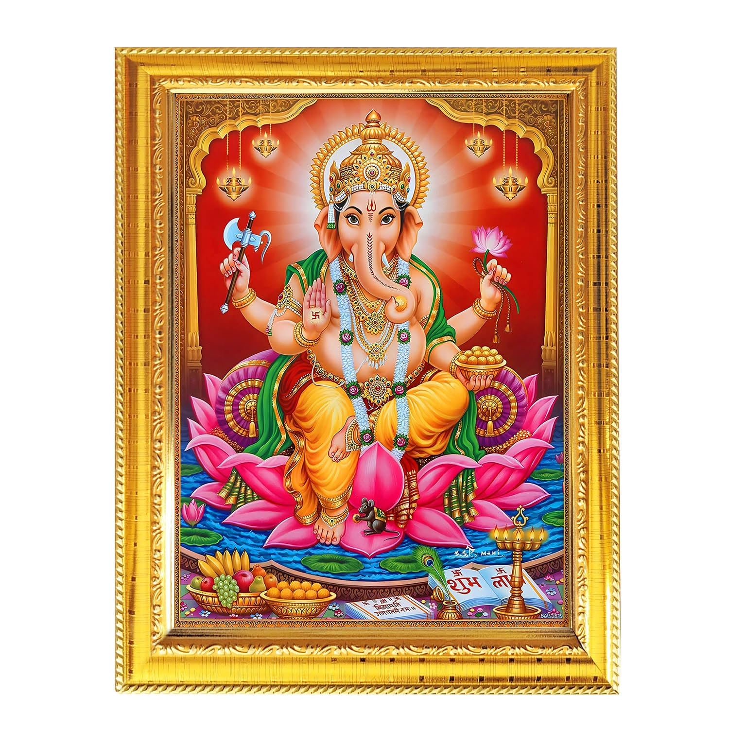 Fashnkart Lord Ganesha Ganapati Vighneshvara Hindu God Photo With Golden Frame Table Wall Pooja Room Worship Religious Spiritual 8.3X6.5