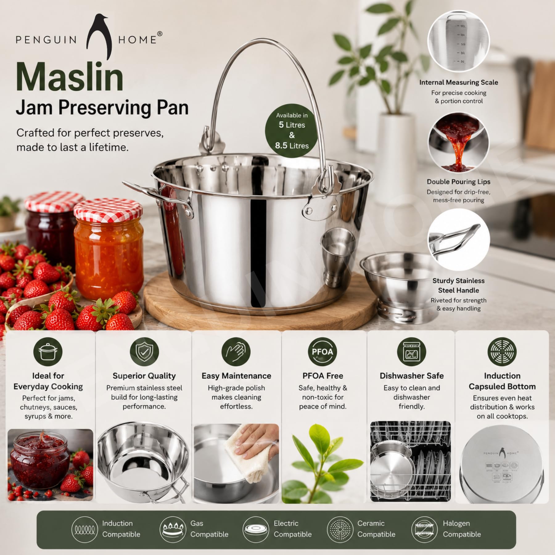 Penguin Home Professional Poêle à confiture/Maslin - Capacité de 8.5 litres - Acier inoxydable - Compatible avec toutes les plaques de cuisson - Diamètre 30,5 cm
