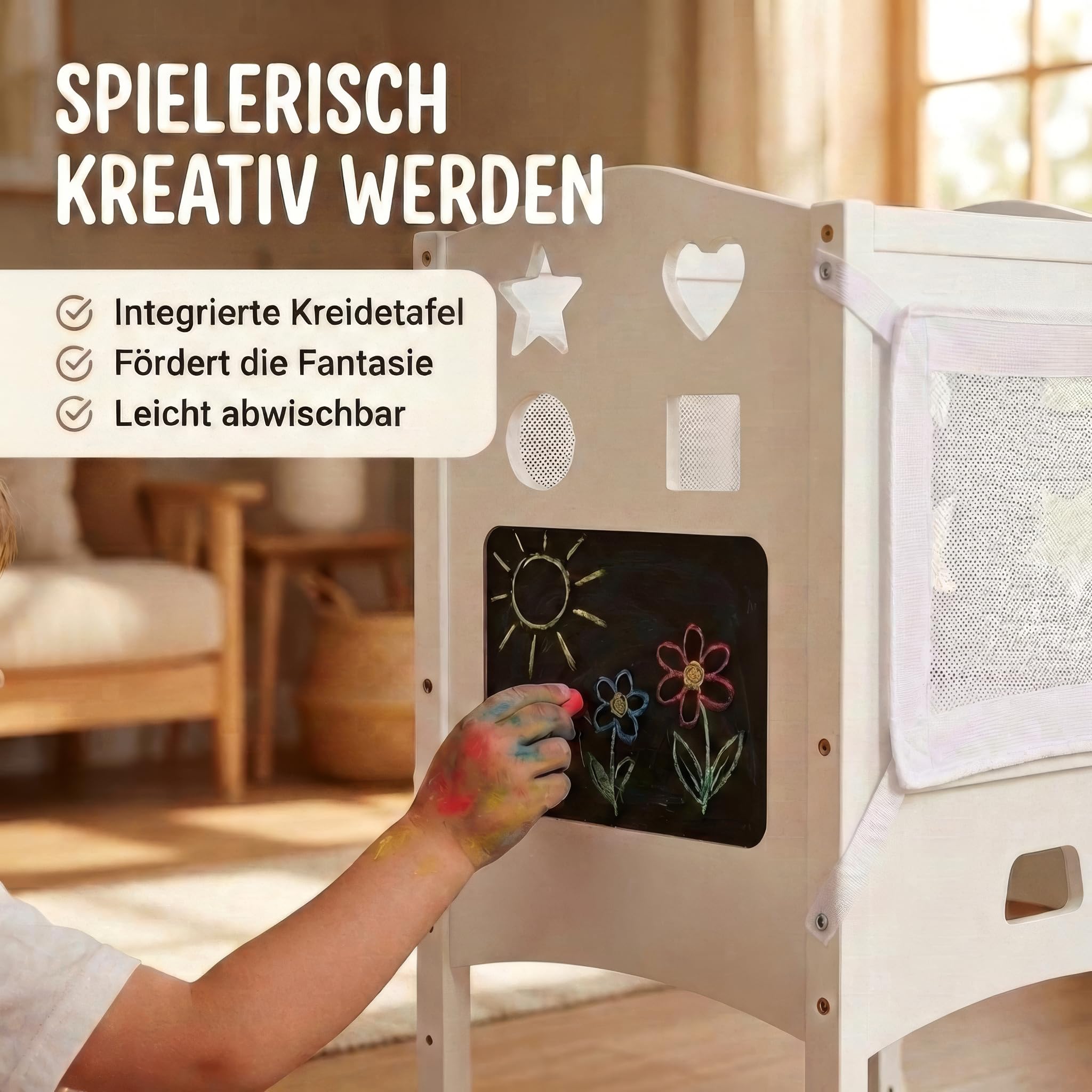 BabybeFun Lernturm klappbar ab 1 Jahr mit 360° Sicherheitsnetz - Extra Stabiler Learning Tower mit Anti-Kipp-Schutz