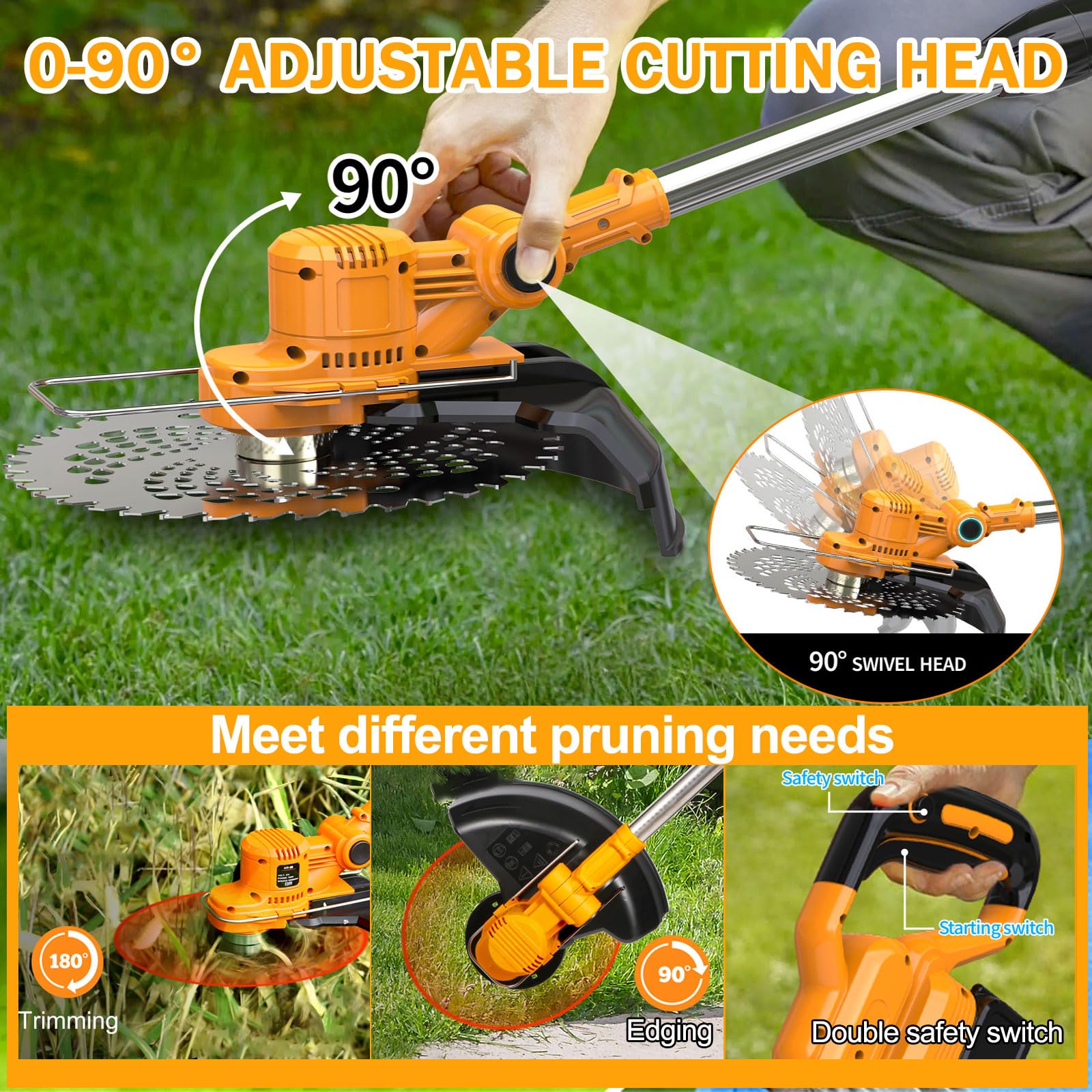 Coupe Bordure sans Fil avec Batterie 4 en 1 Debroussailleuse Electrique sans Fil avec 2 Batteries 4.0 Ah, 21V Débroussailleuse à Batterie Brushless avec Brosse Désherbage pour Jardin Élagage,Orange,b