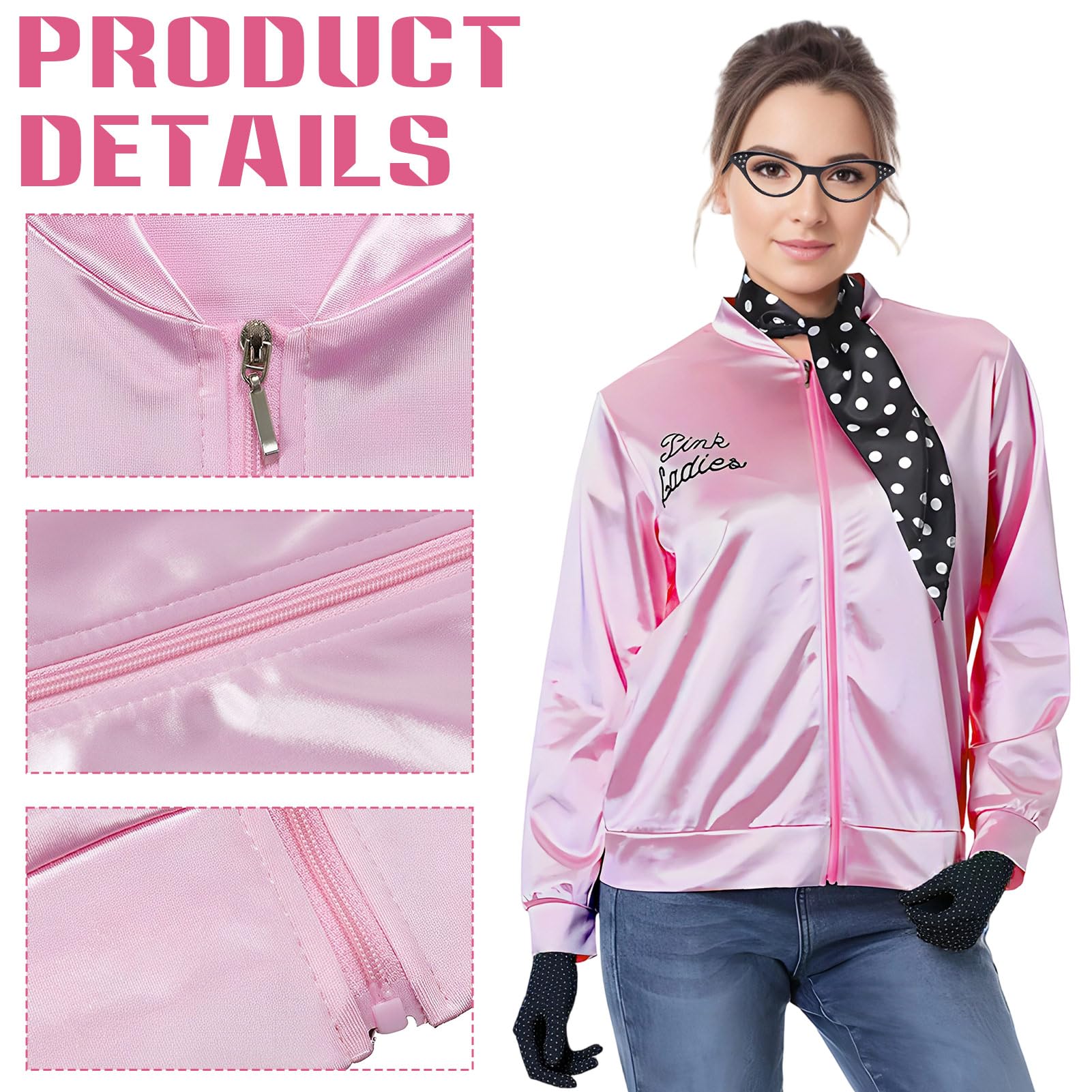 Suffolly Pink Lady Jacket 50s Pink Ladies Grease Outfit with Accessories Earrings Glasses Scarf Headband 1950s Costume Set Fancy Dress for Women Halloween 90S 80s Party (Suit A - Image 4