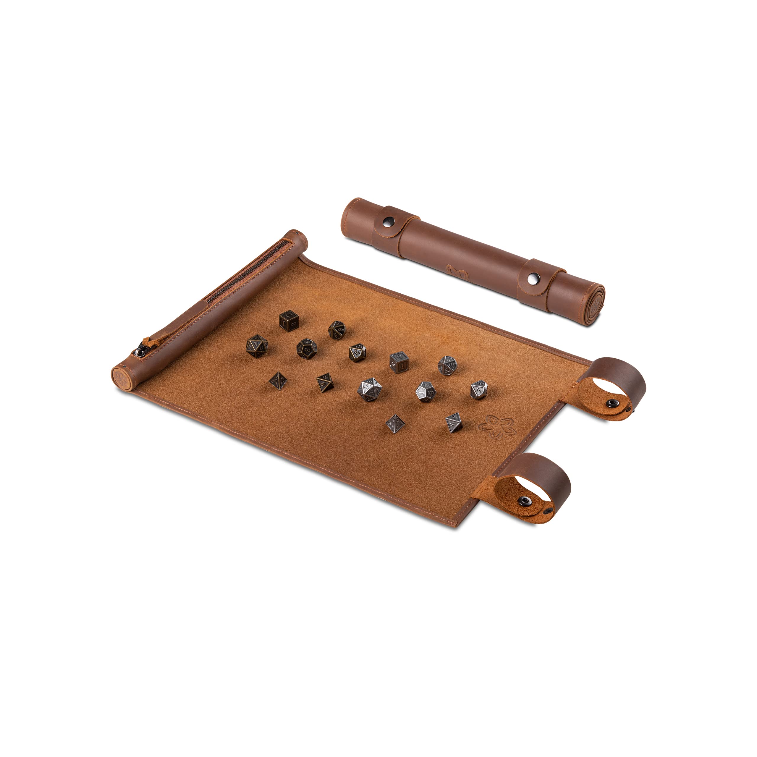 RPG - Alfombrilla para Dados, Hecha a Mano, de Piel auténtica, con Compartimento para Dados, para Todos los Juegos de fantasía como DND, DSA, Cthulhu (Tobacco + Bronze & Iron Set)
