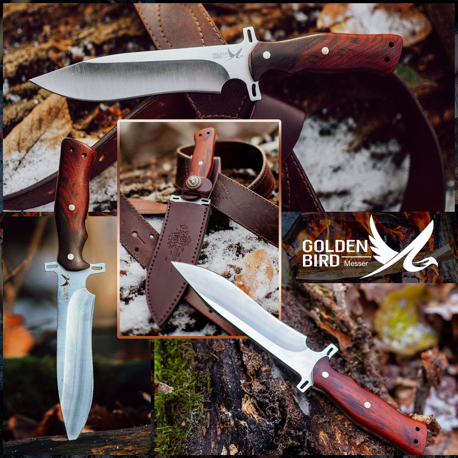 Golden Bird Cuchillo de Caza Cuchillo Bushcraft con Funda | Hoja de Acero D2 Cuchillo de Supervivencia de Hoja Fija Cuchillo Bowie con Mango de Palisandro