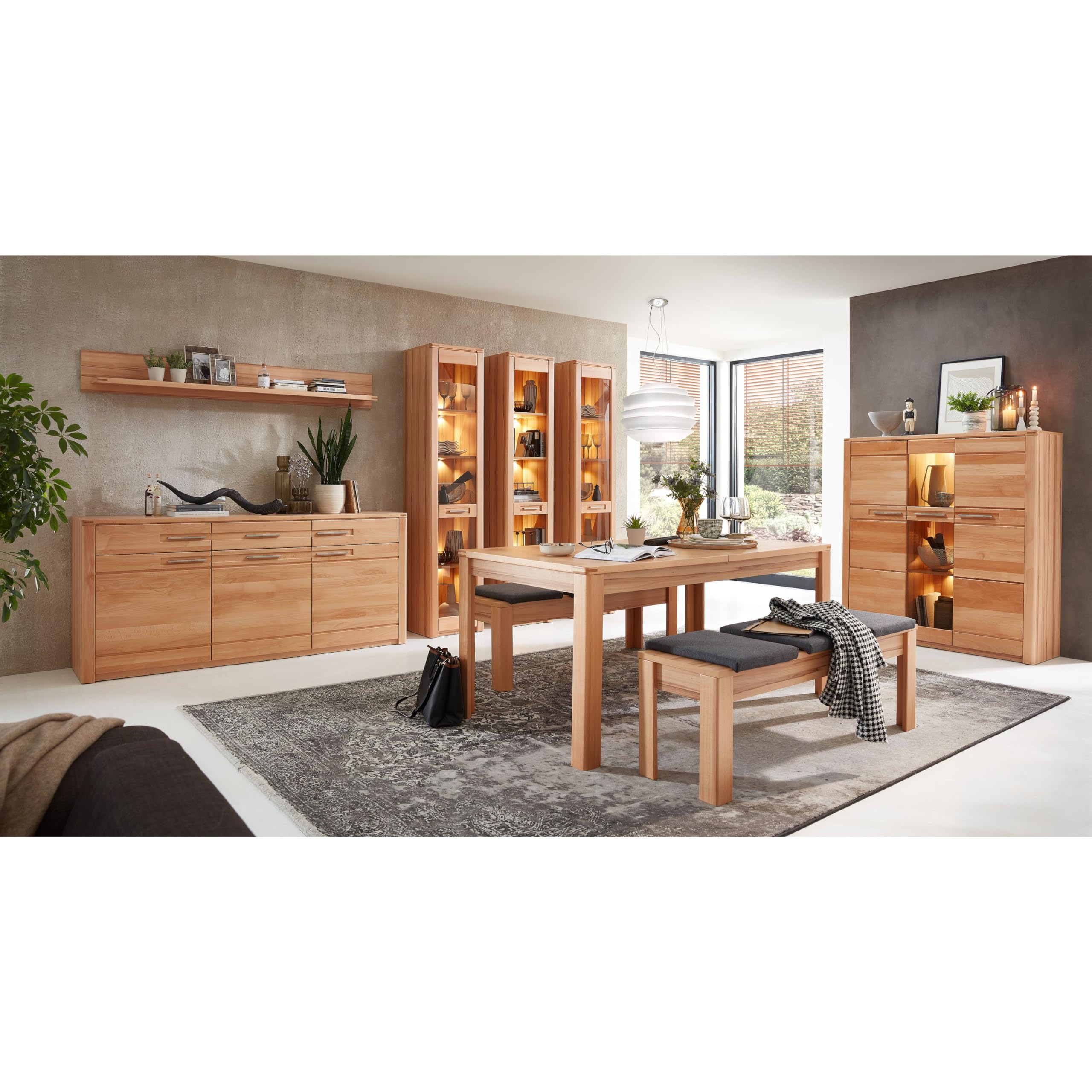 Nature ONE Highboard in Kernbuche Teil-massiv FSC-Zertifiziert - Moderner Wohnzimmerschrank mit viel Stauraum und LED-Beleuchtung - 127 x 137 x 40 cm (B/H/T)