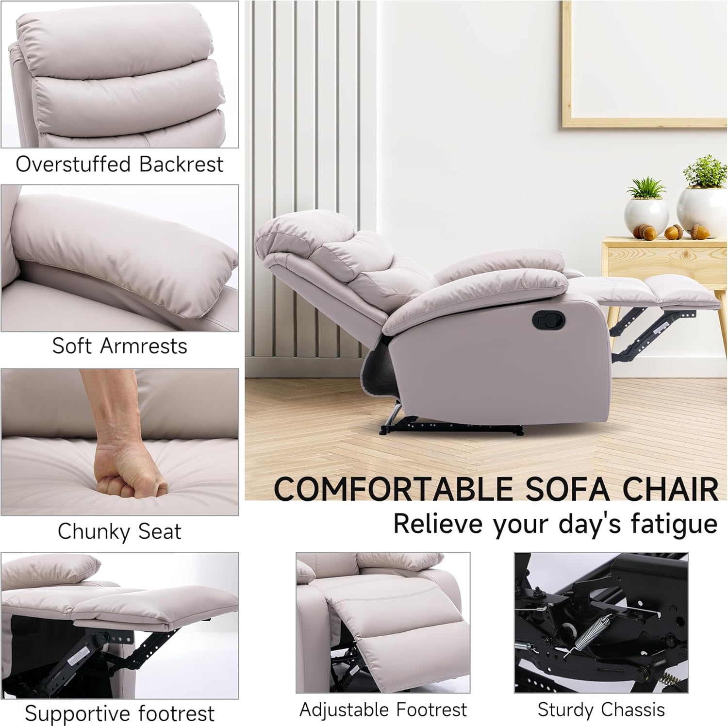 Manual Recliner Chair, Lazy Boy Recliner Chairs for Adults, Small Recliners for Small Spaces with Waterproof Tech-Leather Fabric for Living Room, RV, Bedroom, Beige
