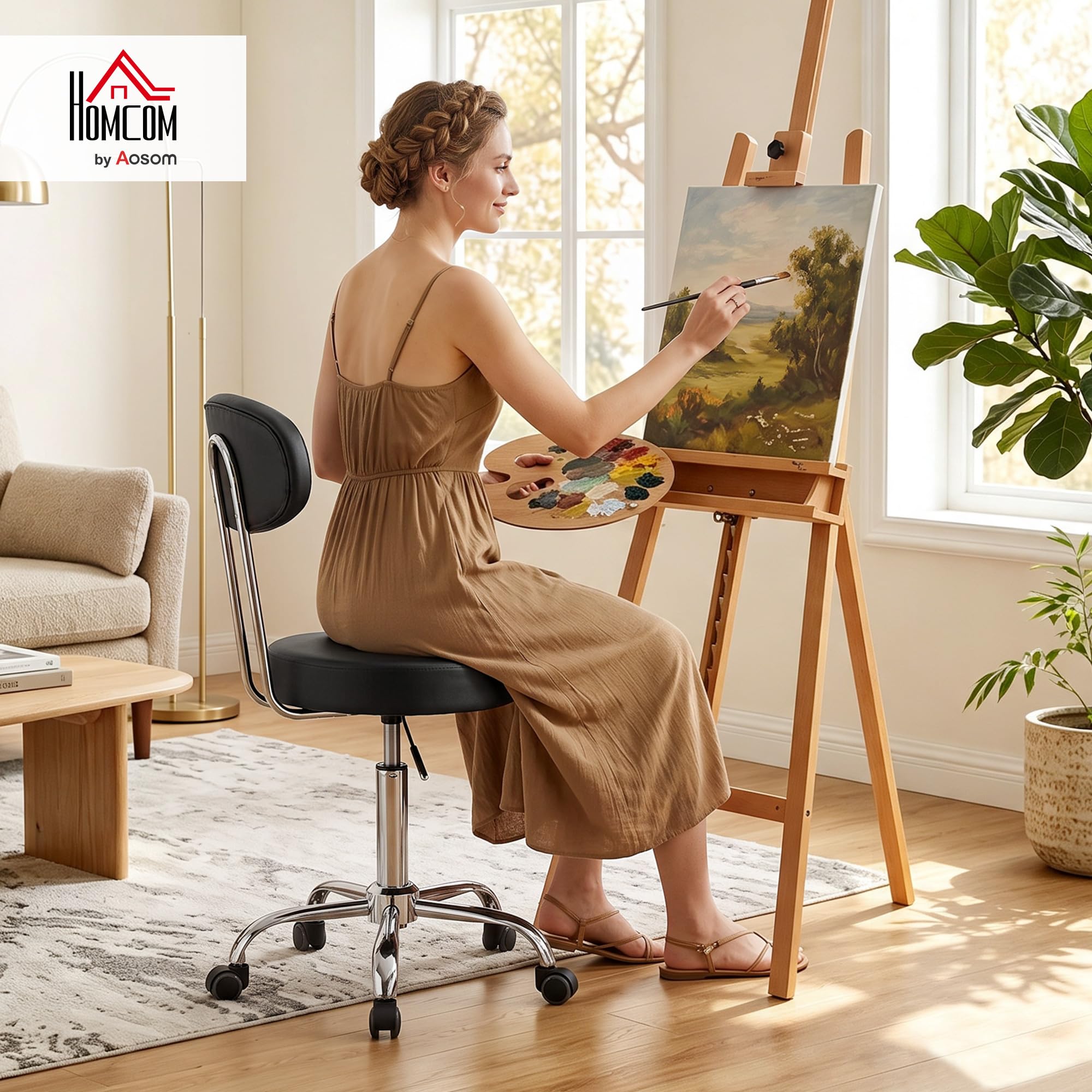 HOMCOM Taburete con Ruedas, Altura Regulable con Asiento Acolchado Negro