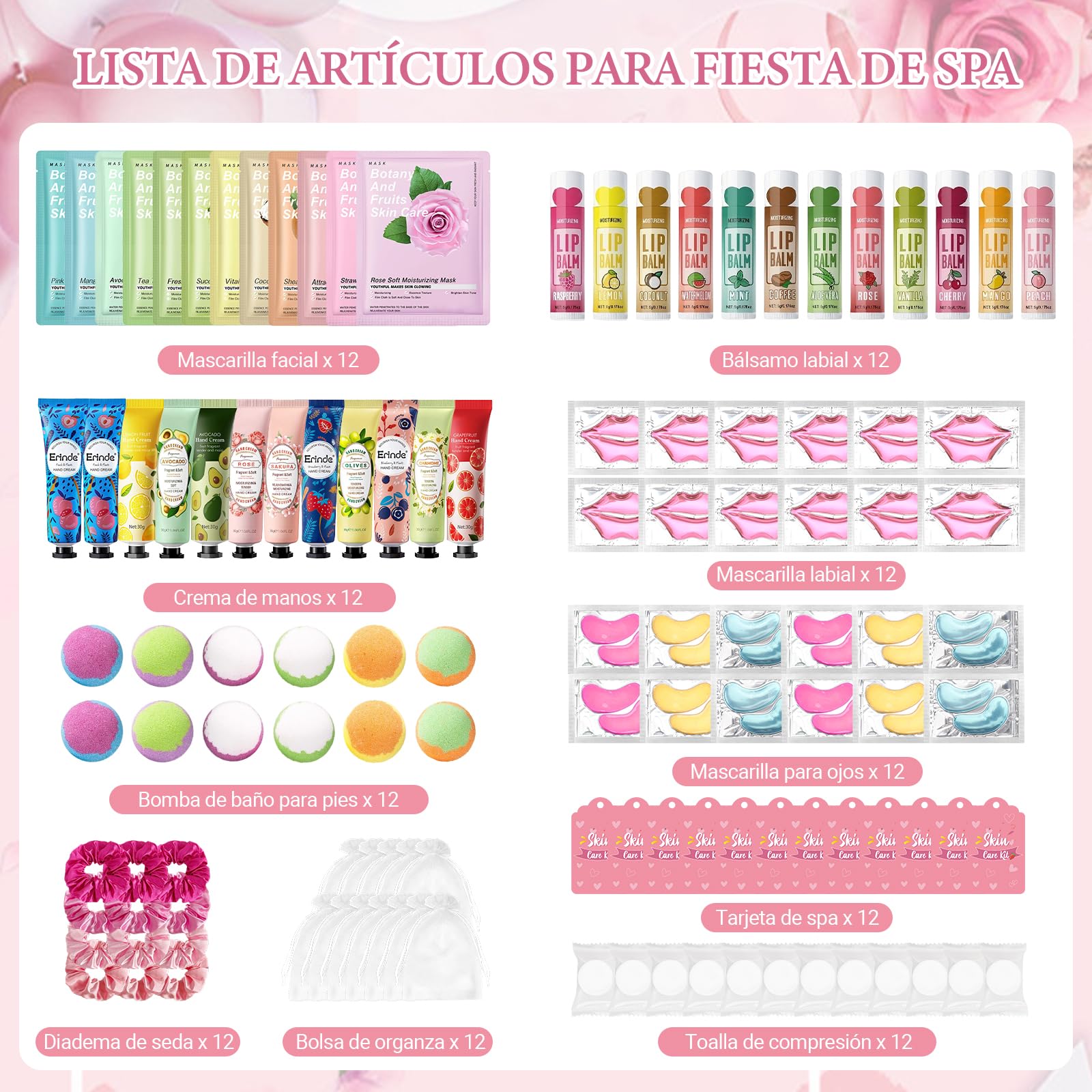Erinde Set Spa Mujer 120 Piezas, Mascarilla Facial, Crema de Manos y Bomba de Baño, Kit Cuidado Personal Relajante, Regalo Spa para Mujer, Detalles Boda Cumpleaños Navidad